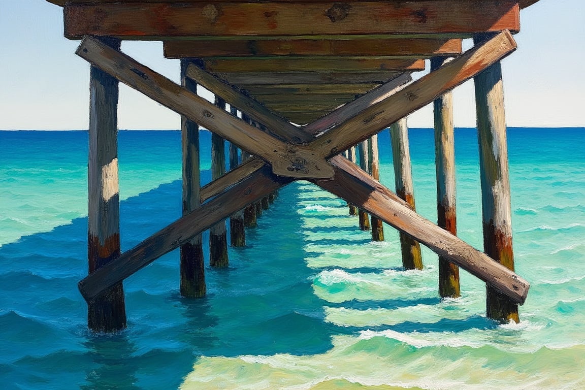 An EdwardH0pp3r style oil painting of a dilapidated old wooden pier. Viewed from the side looking at the intricate system of legs, beams, supports and bracings that cast a highly complex lattice of shadows on to the crystal turquoise water underneath. 