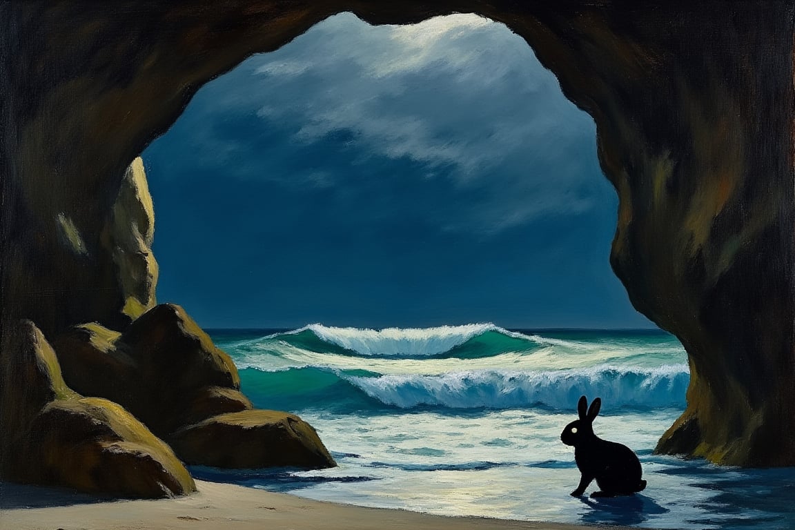 An EdwardH0pp3r style oil on canvas depicting a silhouetted figure of a terrified little rabbit trapped in a coastal cave by the fierce ocean on a dark stormy night.