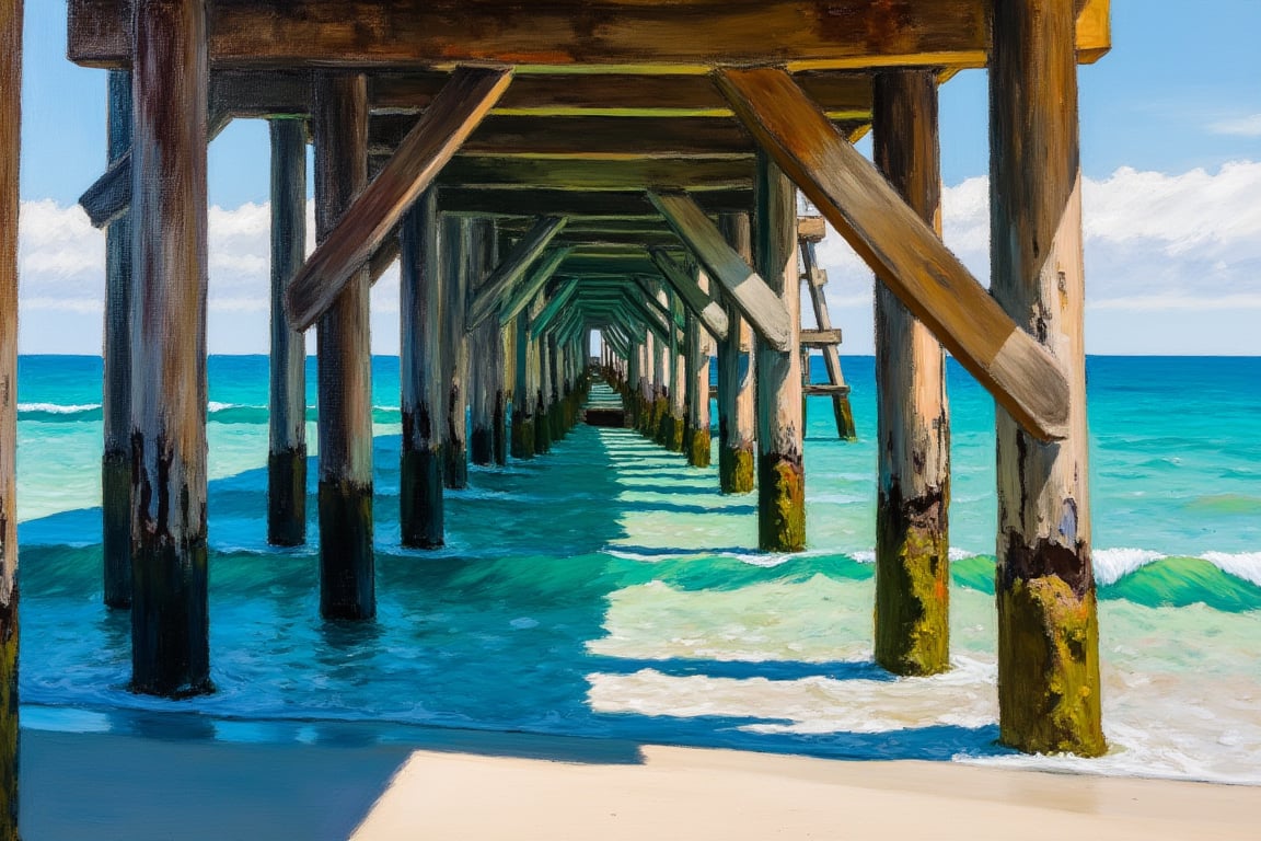 An EdwardH0pp3r style oil painting of a dilapidated old wooden pier. Viewed from the side looking at the intricate system of legs, beams, supports and bracings that cast a highly complex lattice of shadows on to the crystal turquoise water underneath. 