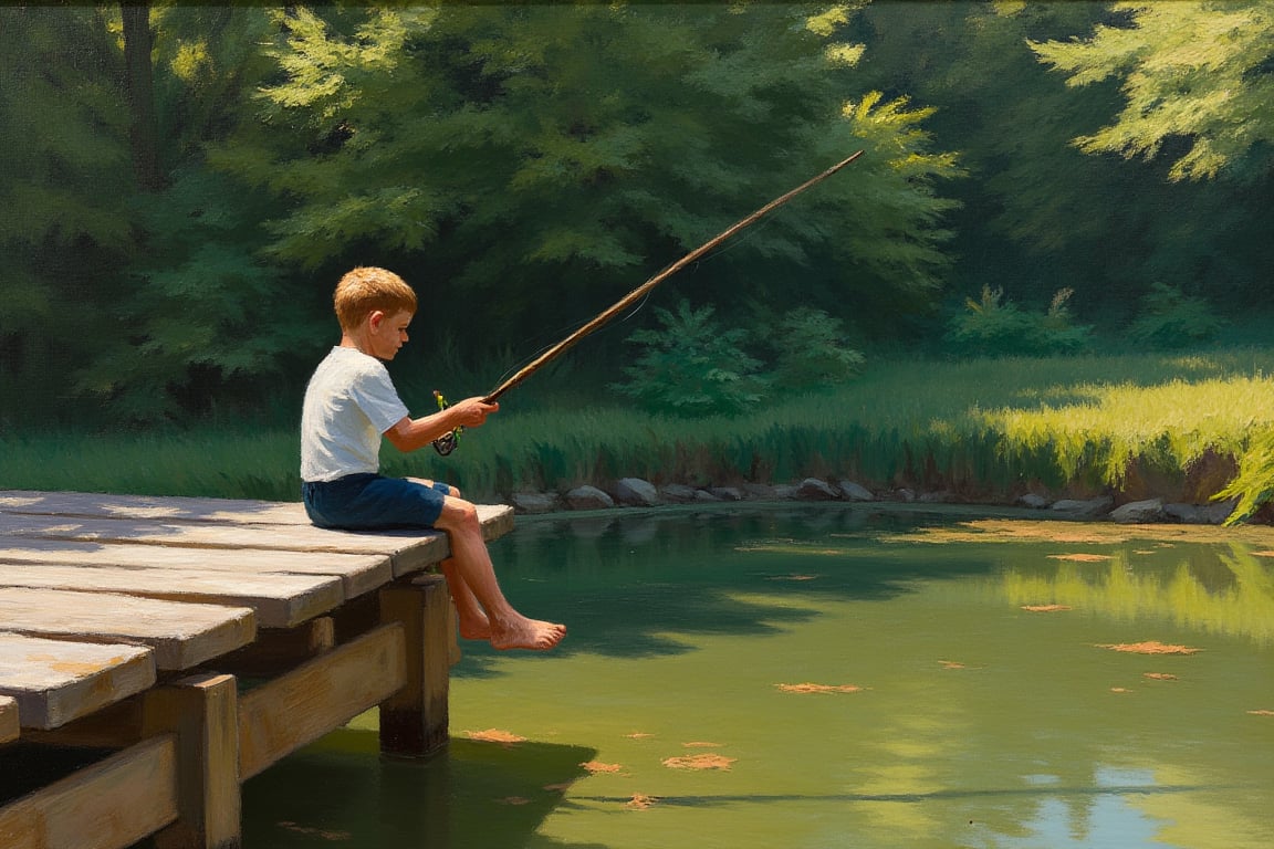 An EdwardH0pp3r style oil on canvas of a young boy sitting on the end of a weathered old wooden jetty that reaches out into an old pond, his legs dangle over the end, he is holding a stick with a piece of string tied to the end, simulating the fishing pole that he dreams of. It is a hot and hazy summer day, pollen and insects float through the air, woodland surrounding the pond creates Fantastical shadows, the pond reflects the boy and scenery.