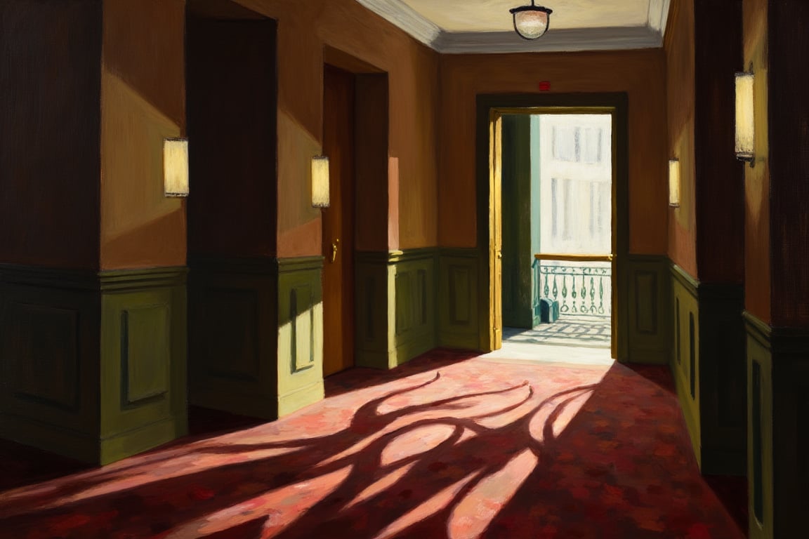 An EdwardH0pp3r style oil painting of the view looking down a dimly lit hotel hallway, muted colour decoration. On the righthand side halfway down, an elevator door is open, flooding light into the hallway, creating a labyrinth of shadows that emulate all kinds of bizarre shapes.