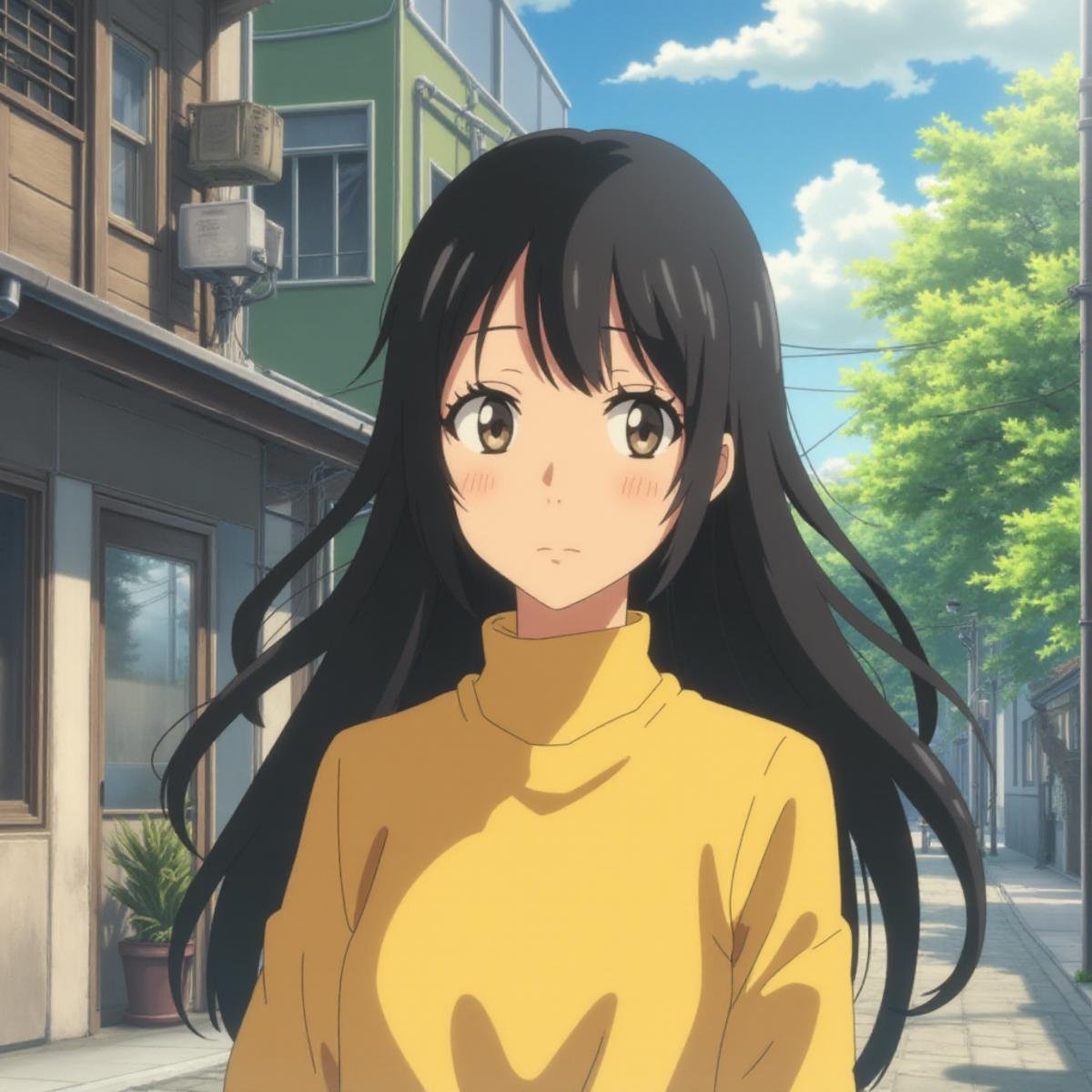 anime art in the sh1nk style, a girl with long black hair and a yellow shirt standing in front of a building with a tree in the background <lora:sh1nk:1>