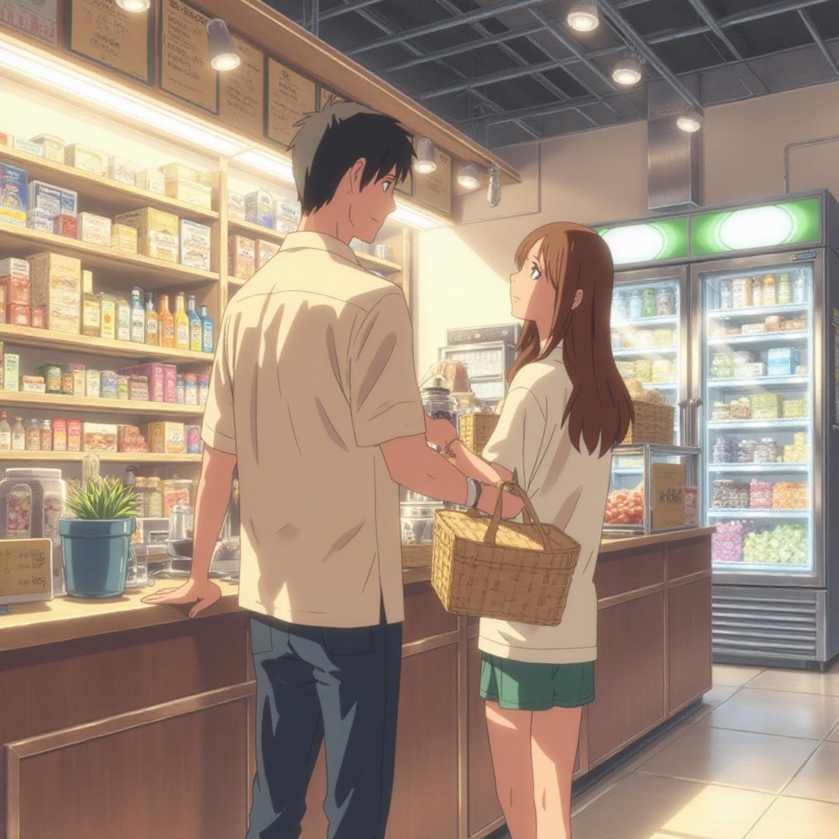 anime art in the sh1nk style, a man and woman standing in front of a counter in a store. The man is holding a basket and the woman is standing beside him. On the left side of the image, there are shelves filled with various objects. In the background, there is a refrigerator with food items inside <lora:sh1nk:1>