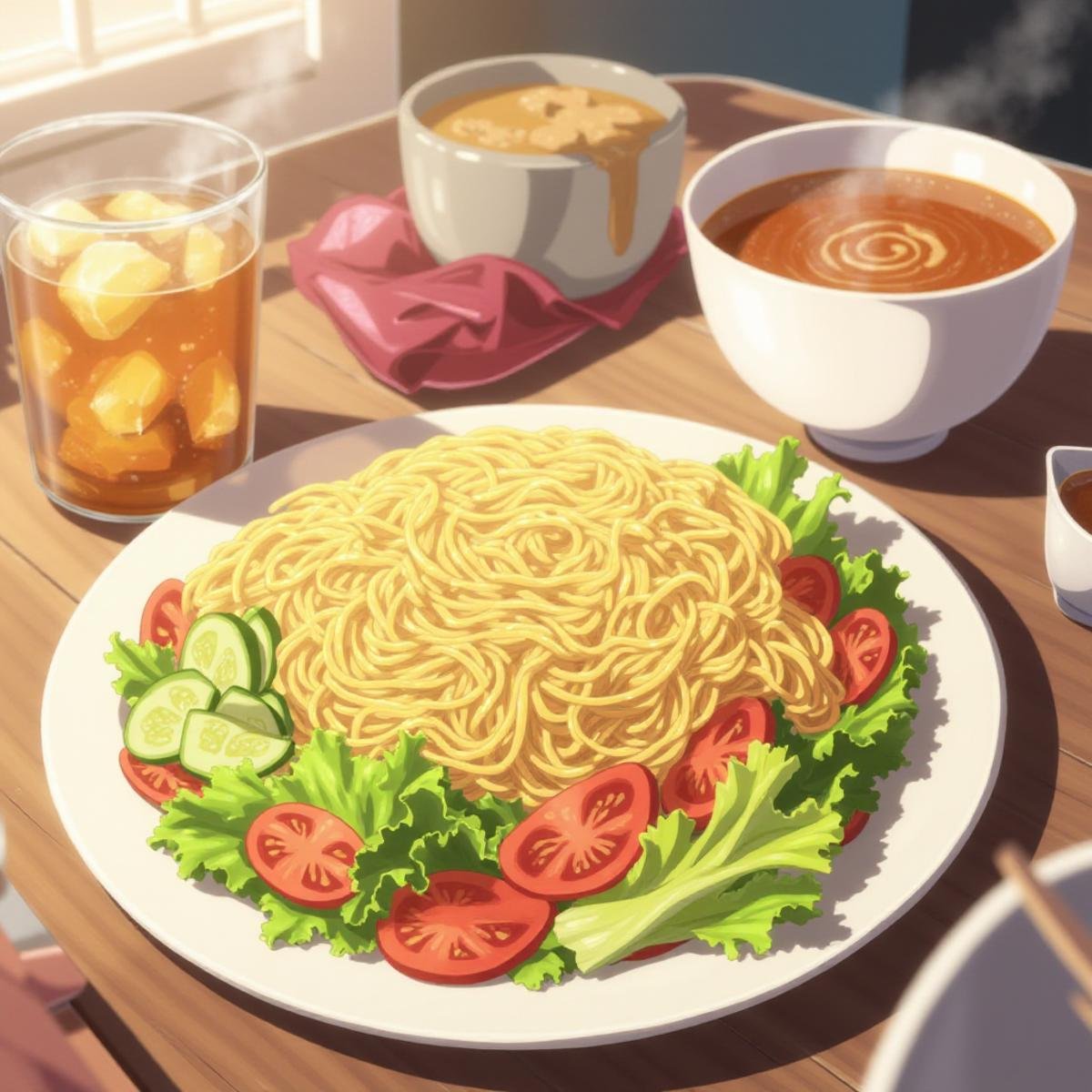 anime art in the sh1nk style, close-up of a table with a plate of noodles and a bowl of soup on it. The plate is filled with a variety of vegetables, including lettuce, tomatoes, and cucumbers, and the soup is steaming hot. On the left side of the table, there is a glass of iced tea with ice cubes in it, and on the right side, there are a few other objects. The image is animated, giving it a lively and vibrant feel. <lora:sh1nk:1>