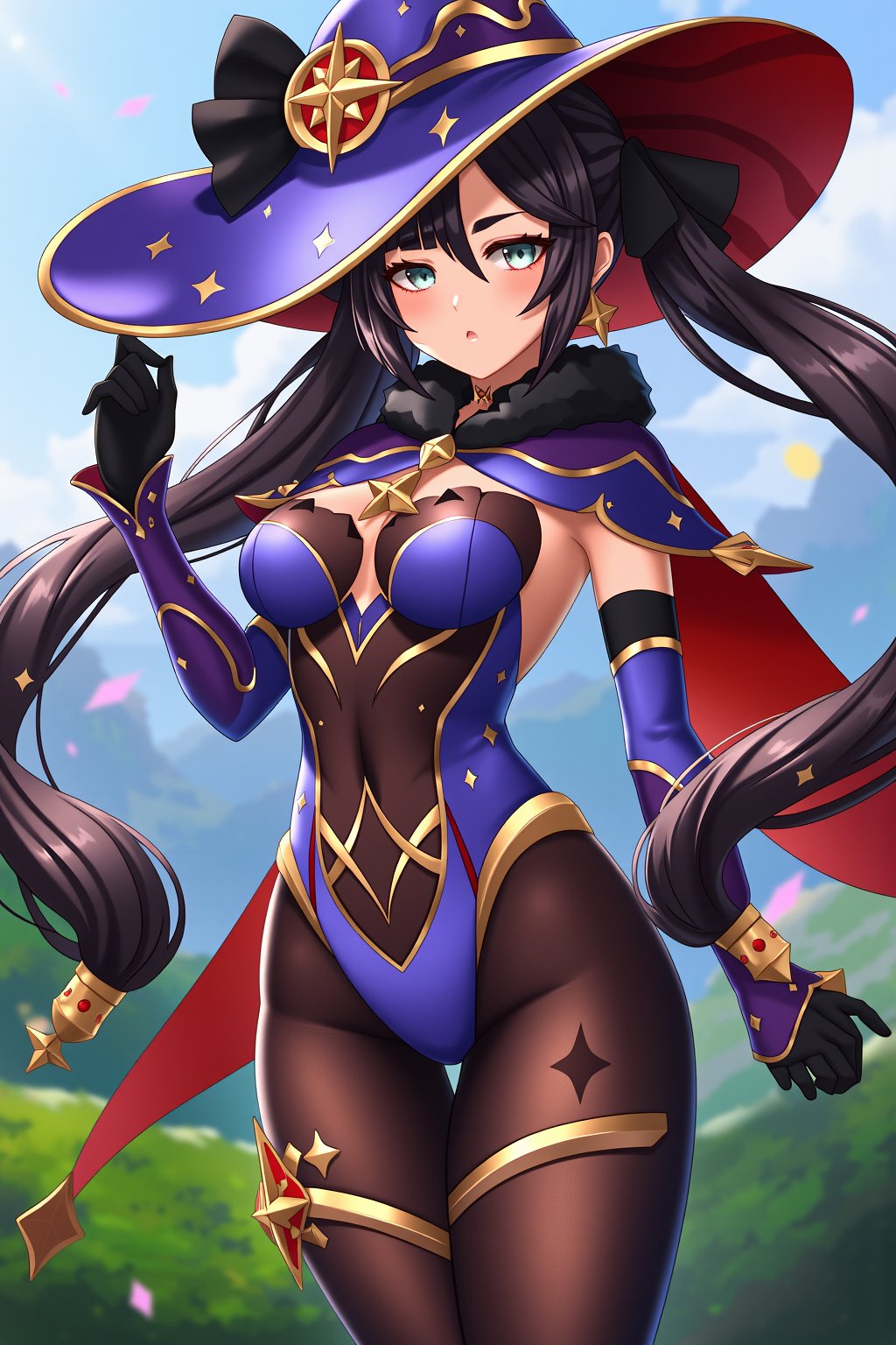 Beautiful scenery , fantasy,  town  ,
mona  ,
 black gloves, detached sleeves, black pantyhose, blue leotard, thighlet, gold trim, bodystocking, fur collar, purple headwear, hat ornament, cape, black choker