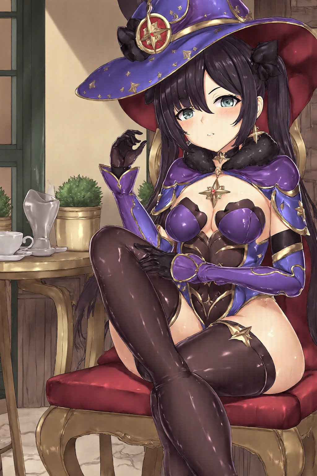 1girl , Smile    , mona, black gloves, detached sleeves, black pantyhose, blue leotard, thighlet, gold trim, bodystocking, fur collar, purple headwear, hat ornament, cape, black choker,hakaba , on the Street ,  European town , in medieval age , sitting  on a chair at cafe , cross legs , having coffee ,  daytime  , sunny ,  Beautiful scenery ,  greens , 