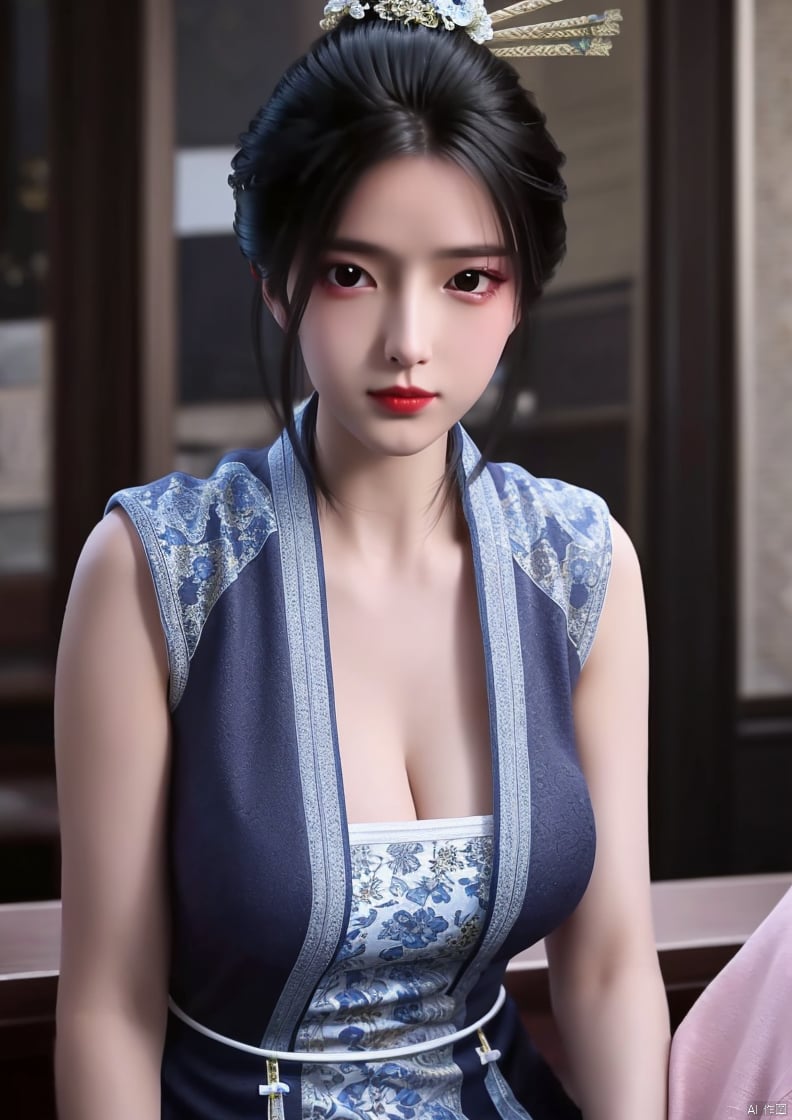 Sit down,
1girl, solo, looking at viewer,  black hair, hair ornament, closed mouth,  black eyes, portrait, hair stick,
（Chinese cheongsam, cheongsam）,Having cleavage,Clothing cutting,
No makeup, no lipstick, no makeup,