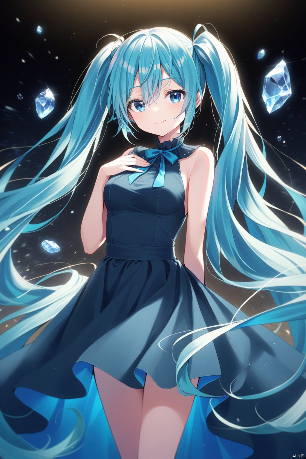 1girl, solo, long_hair, looking_at_viewer, smile, blue_eyes, breasts, hatsune_miku, very_long_hair, floating_hair, blue_hair, crystal, twintails, closed_mouth, hair_between_eyes, dress, hair_ornament, medium_breasts