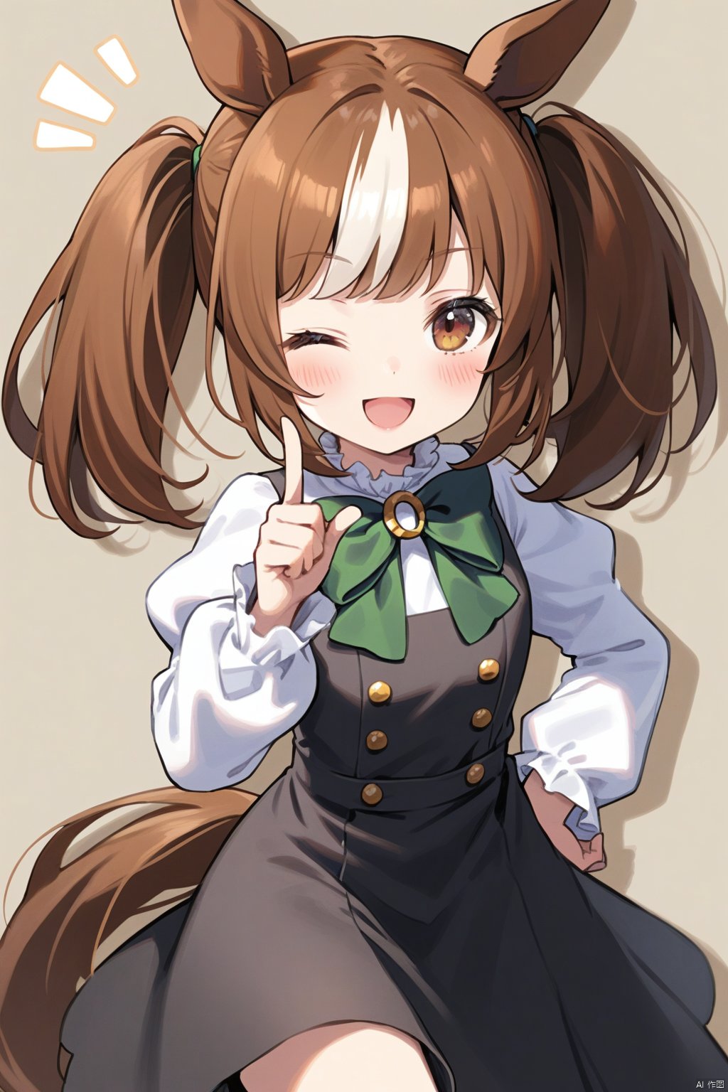 1girl, solo, horse ears, animal ears, one eye closed, brown hair, tail, horse girl, smile, horse tail, long sleeves, open mouth, twintails, multicolored hair, brown eyes, streaked hair, dress, looking at viewer, index finger raised, blush, bow, bangs, shirt, black dress, hand up, white shirt, hand on hip, green bow, notice lines,bowtie, puffy sleeves
