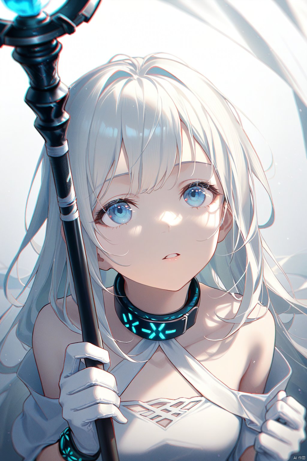 1girl, solo, long hair, gloves, dress, holding, white gloves, parted lips, white hair, looking up, blue eyes, bare shoulders, white background, upper body, infection monitor \(arknights\), white dress, chromatic aberration, holding staff, staff, collar