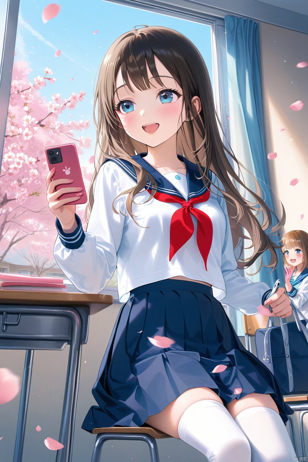 school uniform, skirt, petals, thighhighs, phone, long hair, sitting, window, sailor collar, cellphone, serafuku, desk, multiple girls, chair, brown hair, bag, long sleeves, cherry blossoms, smile, shirt, open mouth, neckerchief, pleated skirt, white thighhighs, solo focus, 2girls, smartphone, white shirt, blush, curtains, indoors, holding, blue eyes, school desk, zettai ryouiki, classroom, blue sailor collar, teeth, blue skirt, holding phone, day, :d, sky