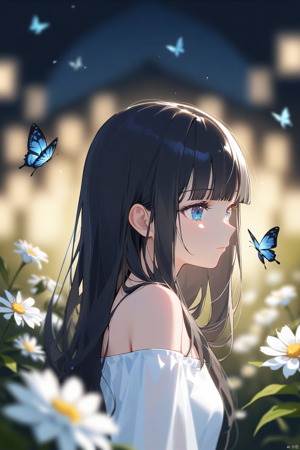 1girl, solo, long hair, flower, blurry, bug, butterfly, blue eyes, white flower, bare shoulders, blurry background, upper body, black hair, depth of field, off shoulder, closed mouth, dress, shirt, blunt bangs