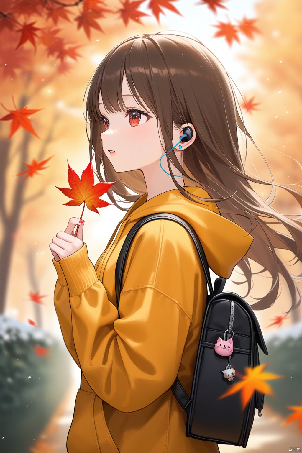 1girl, solo, long hair, bag, autumn leaves, backpack, leaf, holding leaf, holding, autumn, outdoors, earphones, hood, blurry, red eyes, blurry background, upper body, long sleeves, hood down, tree, parted lips, maple leaf, sleeves past wrists, brown hair, day, from side, hoodie, depth of field, yellow hoodie, charm \(object\), wind, falling leaves