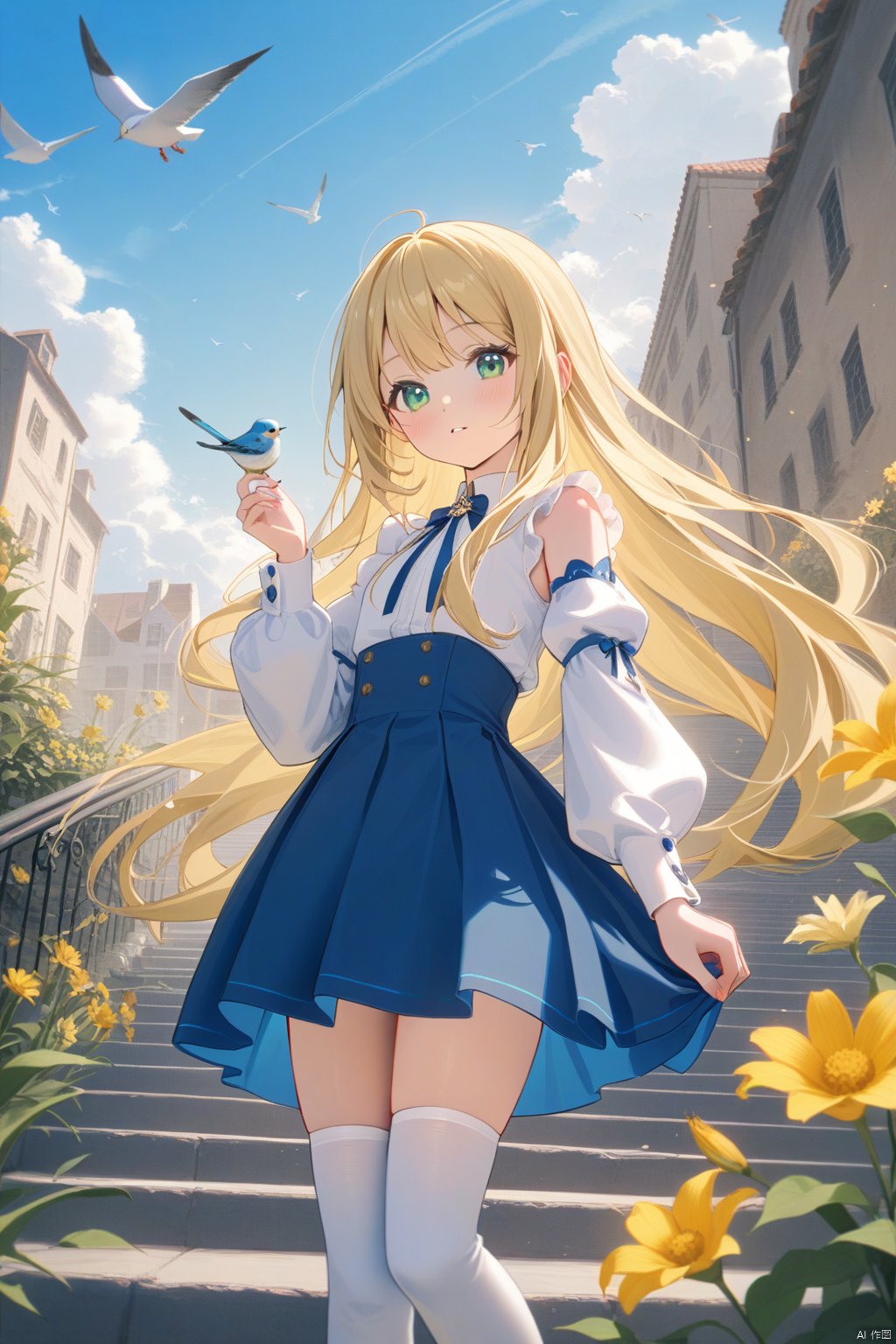 1girl, thighhighs, bird, solo, skirt, long_hair, blonde_hair, detached_sleeves, white_shirt, outdoors, shirt, long_sleeves, blue_skirt, sky, stairs, flower, puffy_sleeves, white_thighhighs, very_long_hair, cloud, blush, parted_lips, holding, yellow_flower, blue_eyes, building, standing, sleeveless, looking_at_viewer, animal, green_eyes, sleeveless_shirt