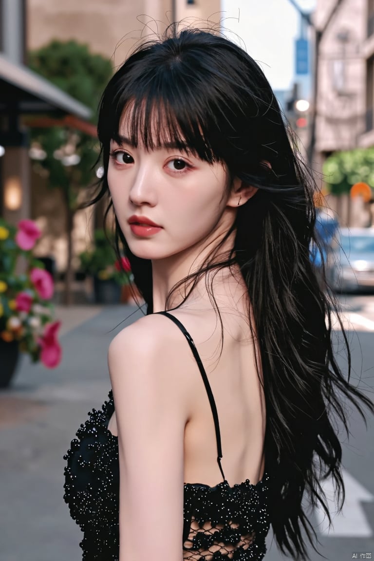 GX_girl,1girl,seductive forward lean,delicate skin,delicate face,real,realistic,turn_one's_back,eye-contact,upper_body,messy hair,in summer,black hair,street,cityscape.Best quality, masterpiece, ultra high res,showing the incredible highest level of likelike realism.