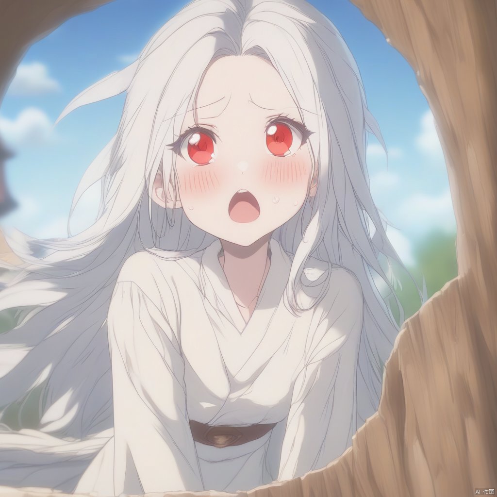 red eyes, niji-style-1, solo, long hair, blush, looking at viewer, 1girl, open mouth, white hair, upper body, blurry