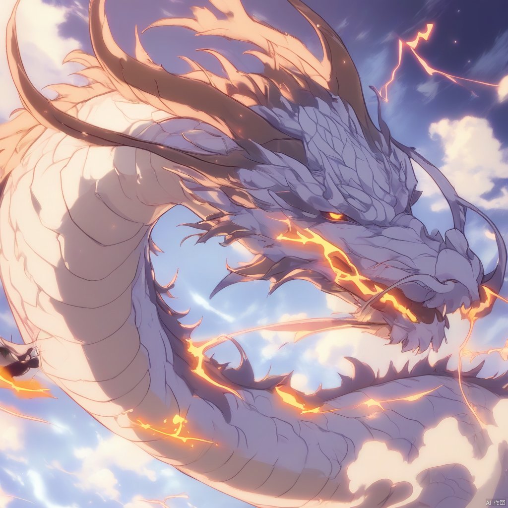 no humans, niji-style-1, dragon, cloud, electricity, sky, solo, horns
