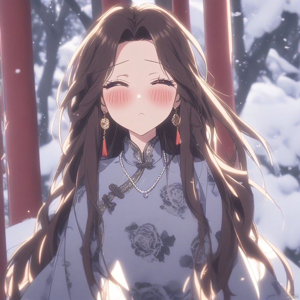 1girl, niji-style-1, long hair, blush, brown hair, jewelry, earrings, chinese clothes, closed mouth, brown eyes, solo
