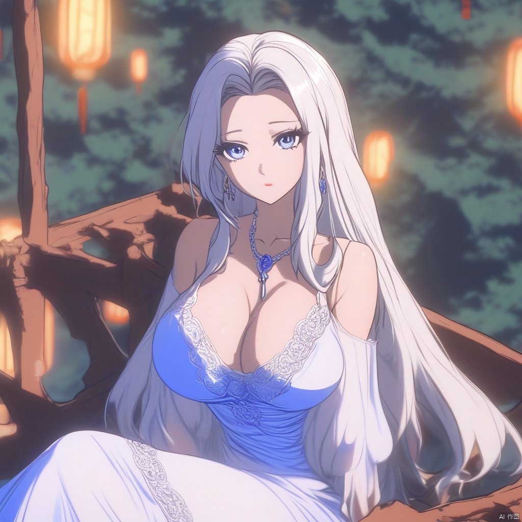 1girl, niji-style-1, solo, long hair, breasts, dress, sitting, cleavage, necklace, jewelry, large breasts, blue eyes, white dress, looking at viewer, bare shoulders, detached sleeves, night, very long hair