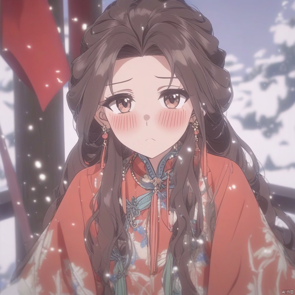 1girl, niji-style-1, long hair, blush, brown hair, jewelry, earrings, chinese clothes, closed mouth, brown eyes, solo
