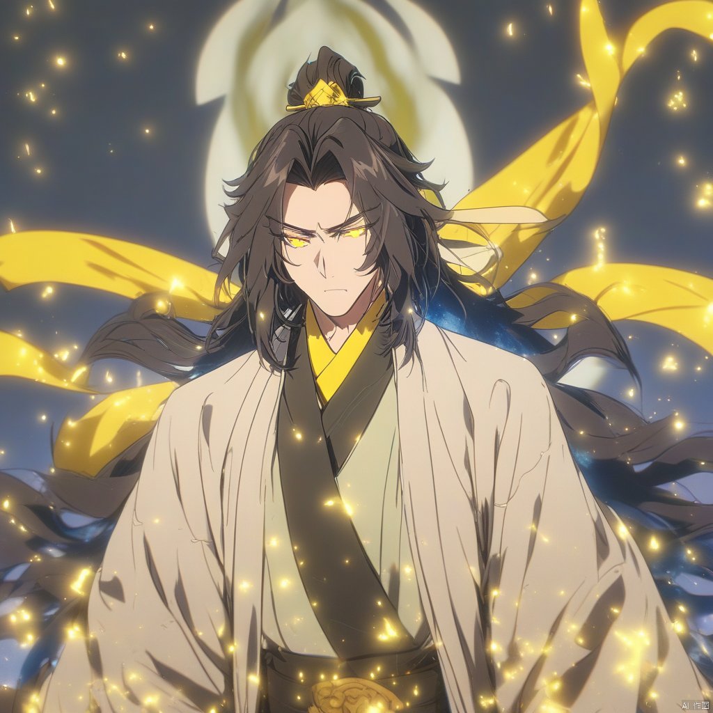 1boy, niji-style-1, solo, male focus, yellow eyes, chinese clothes, hanfu, looking at viewer, long hair, closed mouth, long sleeves, glowing, black hair, wide sleeves