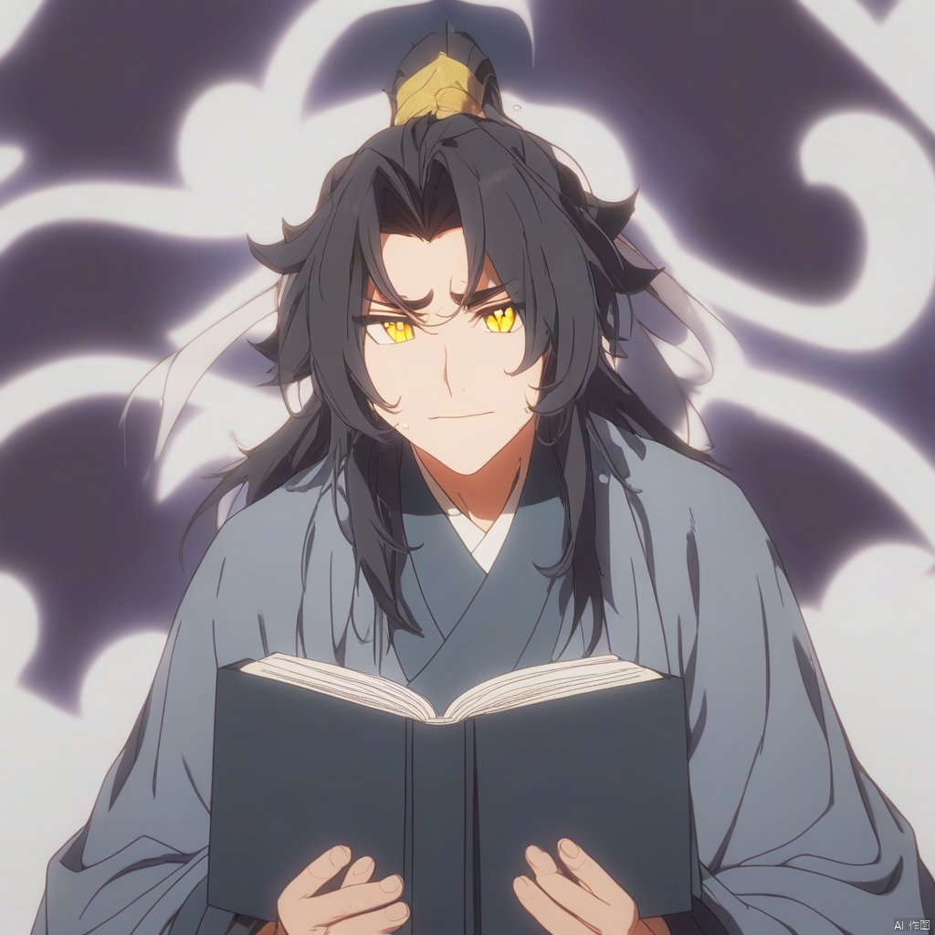 solo, niji-style-1, 1boy, long hair, male focus, yellow eyes, book, black hair, chinese clothes, closed mouth, sweatdrop