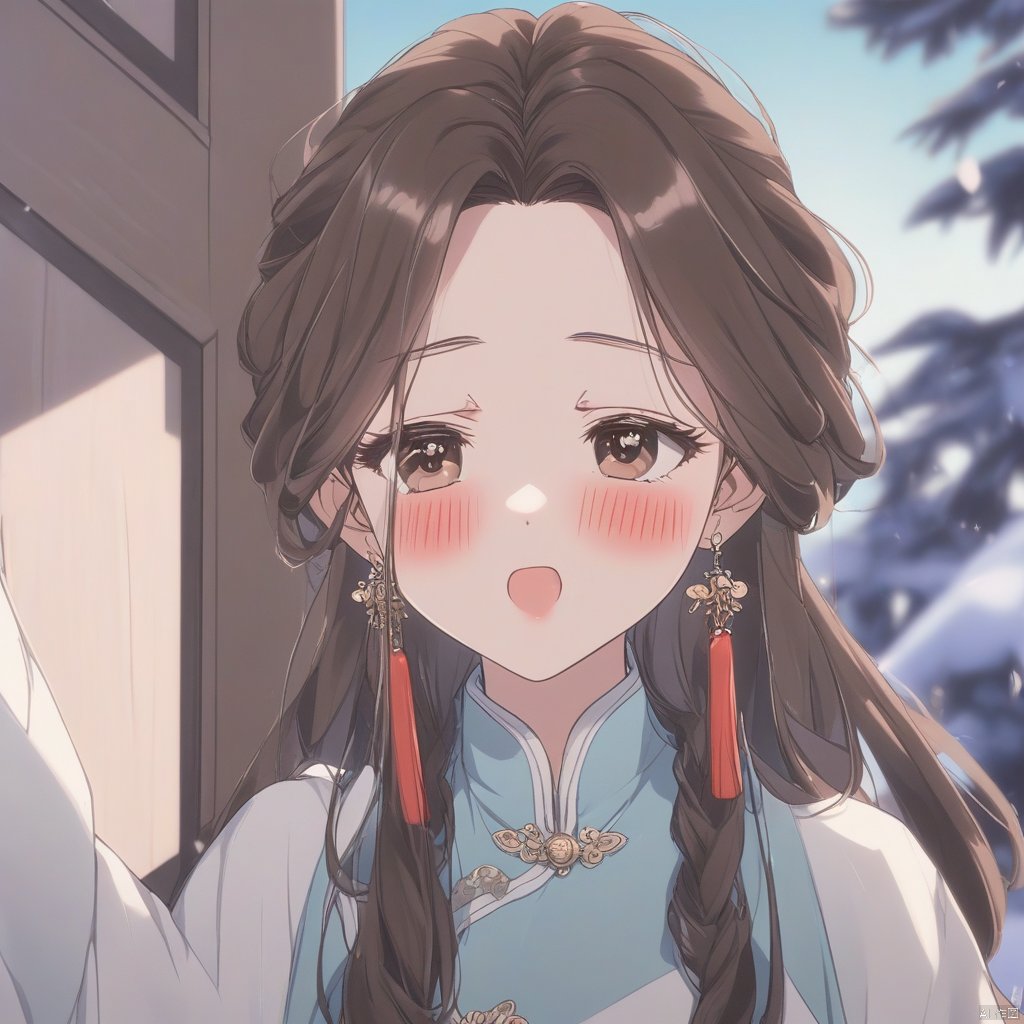 1girl, niji-style-1, long hair, blush, brown hair, jewelry, earrings, chinese clothes, closed mouth, brown eyes, solo
