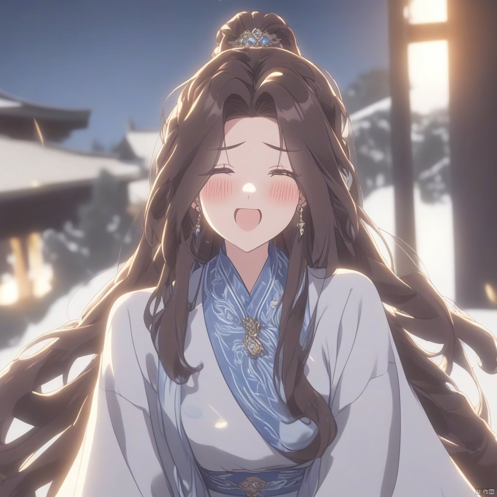 1girl, niji-style-1, long hair, blush, brown hair, jewelry, earrings, chinese clothes, closed mouth, brown eyes, solo
