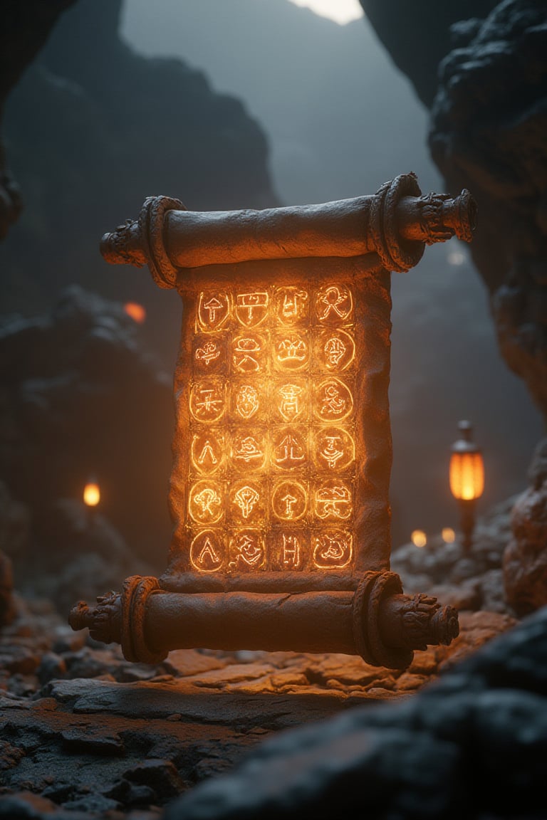 An ancient scroll unfolding mid-air, glowing symbols illuminating, game engine, cgi, chinese, unreal engine, mystical, magic.