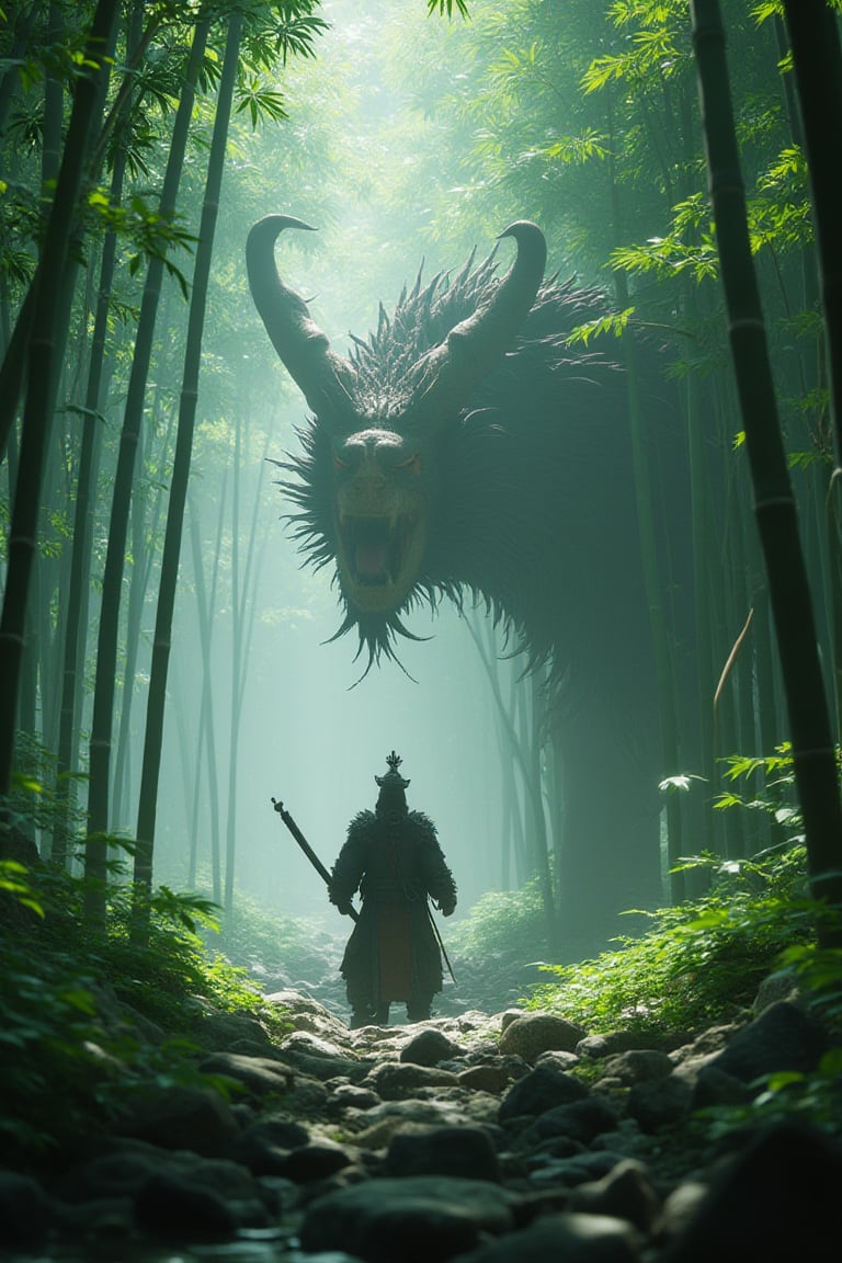 A warrior in a bamboo forest battling mythical beasts, game engine, cgi, chinese, unreal engine, dynamic movement, nature.