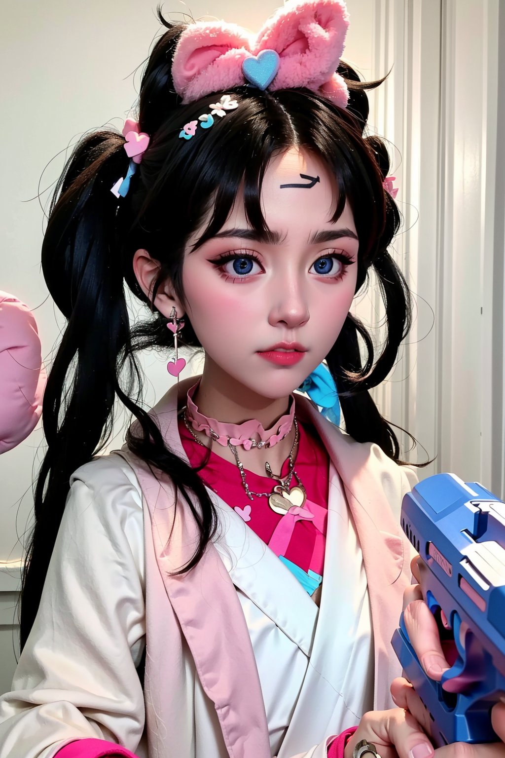 Captured from a low-angle perspective, a close-up shot of a female doll with long black hair and blue eyes, wearing a pink collar with a heart charm on it, is holding a black gun in her right hand. The doll's left hand is positioned in front of her face, while the right hand is holding the gun with her left hand. She is wearing a fluffy white robe, and a pink heart necklace around her neck. Her hair is styled in two pig tails, with a pink bow at the top of her head. The backdrop is a stark white wall, with white panels.