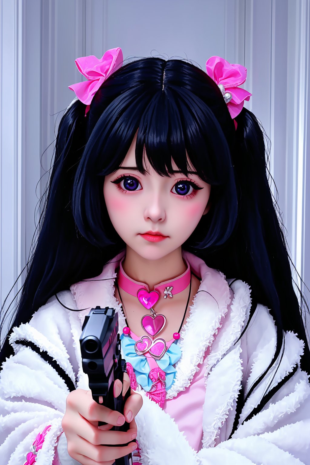 Captured from a low-angle perspective, a close-up shot of a female doll with long black hair and blue eyes, wearing a pink collar with a heart charm on it, is holding a black gun in her right hand. The doll's left hand is positioned in front of her face, while the right hand is holding the gun with her left hand. She is wearing a fluffy white robe, and a pink heart necklace around her neck. Her hair is styled in two pig tails, with a pink bow at the top of her head. The backdrop is a stark white wall, with white panels.