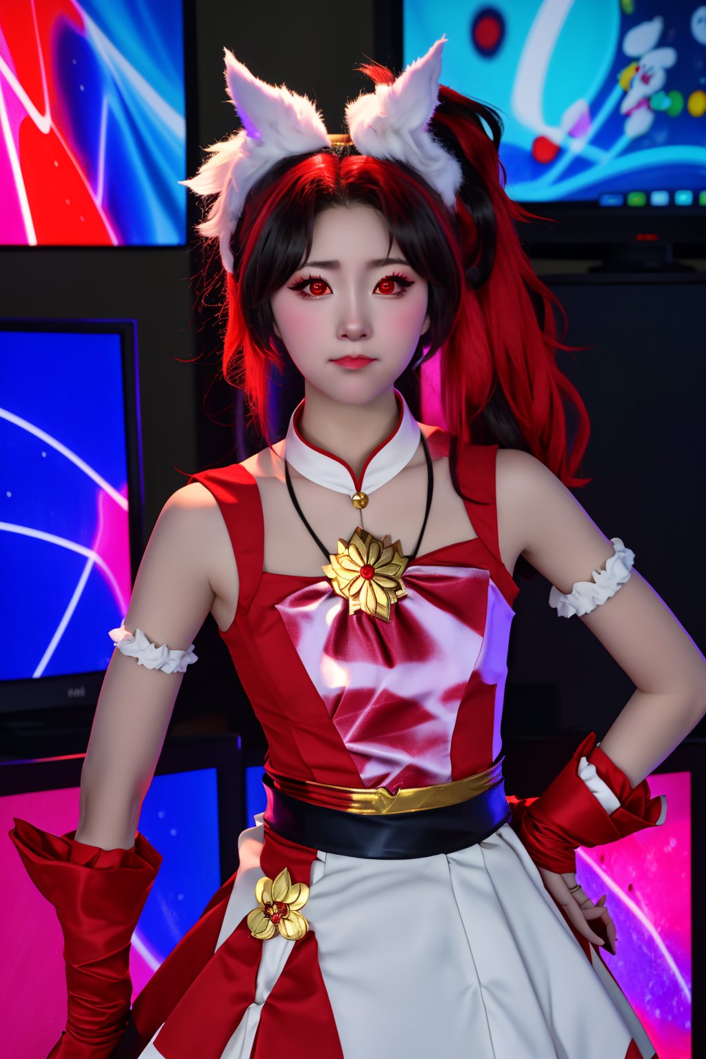 Captured from a high-angle perspective, a woman dressed in a red and white costume is stunning. She is adorned with a black and white checkered pattern on her chest, a black belt around her waist, and a gold medallion hanging from her neck. Her hair is styled in a ponytail, and she is wearing a pair of fluffy white ears on her head. Her eyes are a piercing red, and her hair is a dark brown. Her costume is reminiscent of an anime character, with a white and red costume. She stands in front of a backdrop of televisions that are lit up, creating a vibrant and colorful backdrop.