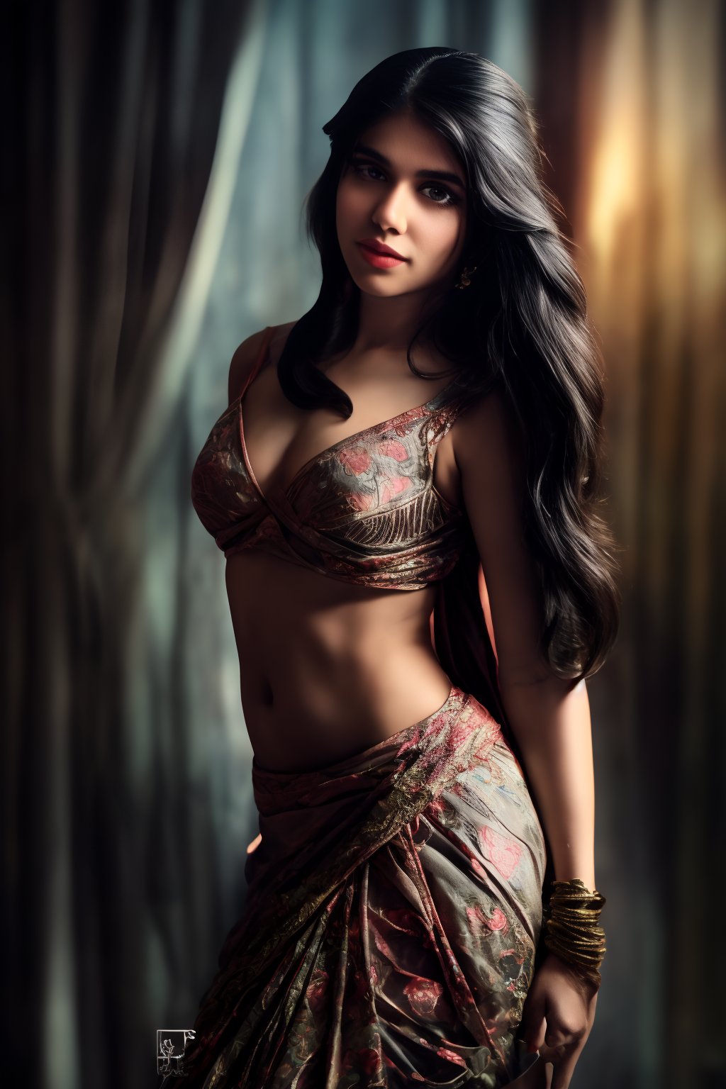 A stunning Indian woman poses elegantly against a soft, warm background, bathed in cinematic lighting that accentuates the intricate patterns and embroidery on her traditional saree. The delicate folds of the fabric seem to dance across her midriff and navel, where the saree is wrapped around her waist. Her skin glows with a warm tone, and her dark hair cascades down her back like a waterfall of night. A maang tikka adorns her forehead, complemented by jhumka earrings, a nose ring, bangles, and anklets that shimmer in the gentle light. Her eyes gaze directly into the camera, framed by a delicate nose and lips that seem to whisper secrets. The focus is sharp, with a depth of field of 1.3, capturing every detail from her intricate jewelry to the soft folds of her saree. The overall effect is one of opulence and sophistication, as if plucked straight from a vintage film noir.