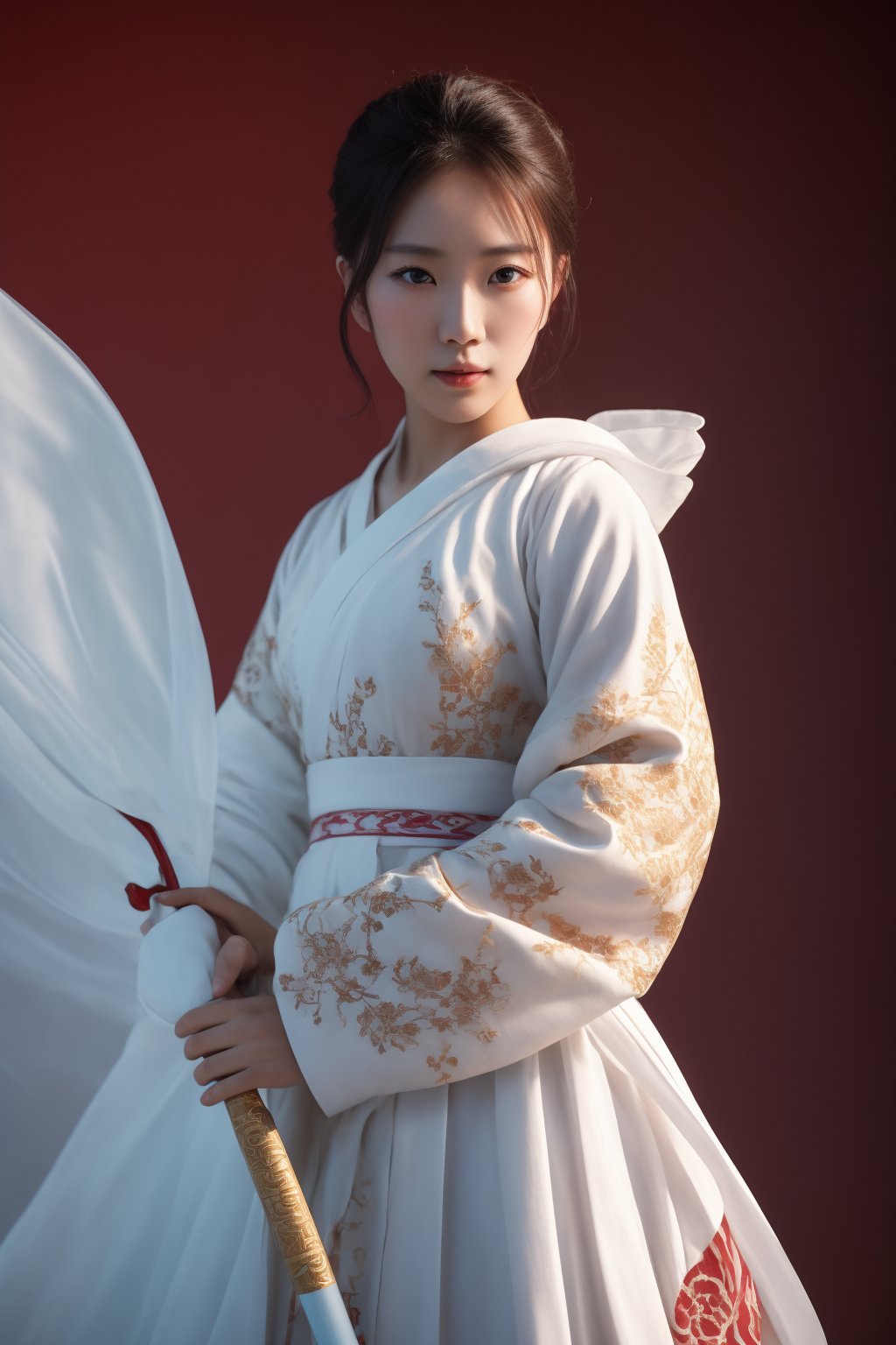  A girl, wearing hanfu, holding a sword, (negative space:1.4), gold and white and red hue, white background, (Cinematic lighting, ethereal light, intricate details, extremely detailed, incredible details, full colored), complex details, hyper maximalist, gorgeous light and shadow, detailed decoration, detailed lines. masterpiece, best quality, HDR, UHD, unreal engine. looking at the camera, fair skin, beautiful face,gongbi style,swordup