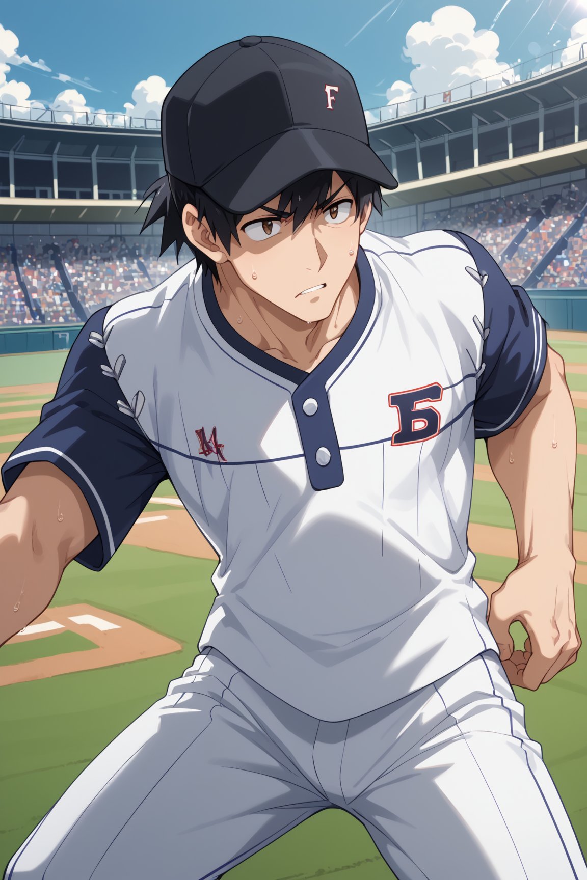 score_9, score_8_up, score_7_up, score_6_up, Expressiveh, masterpiece, best quality, best aesthetics, perfect anatomy, perfect proportions, high resolution, good colors, bright skin, good shading, countershading, well detailed background, BREAK, 1boy, focus male, Mukoda_Tsuyoshi, black hair, brown eyes, BREAK, sportswear, baseball uniform, cap, baseball bat, batting stance, action pose, dutch angle, sweat, dust clouds, lens glare, bleachers, baseball stadium,