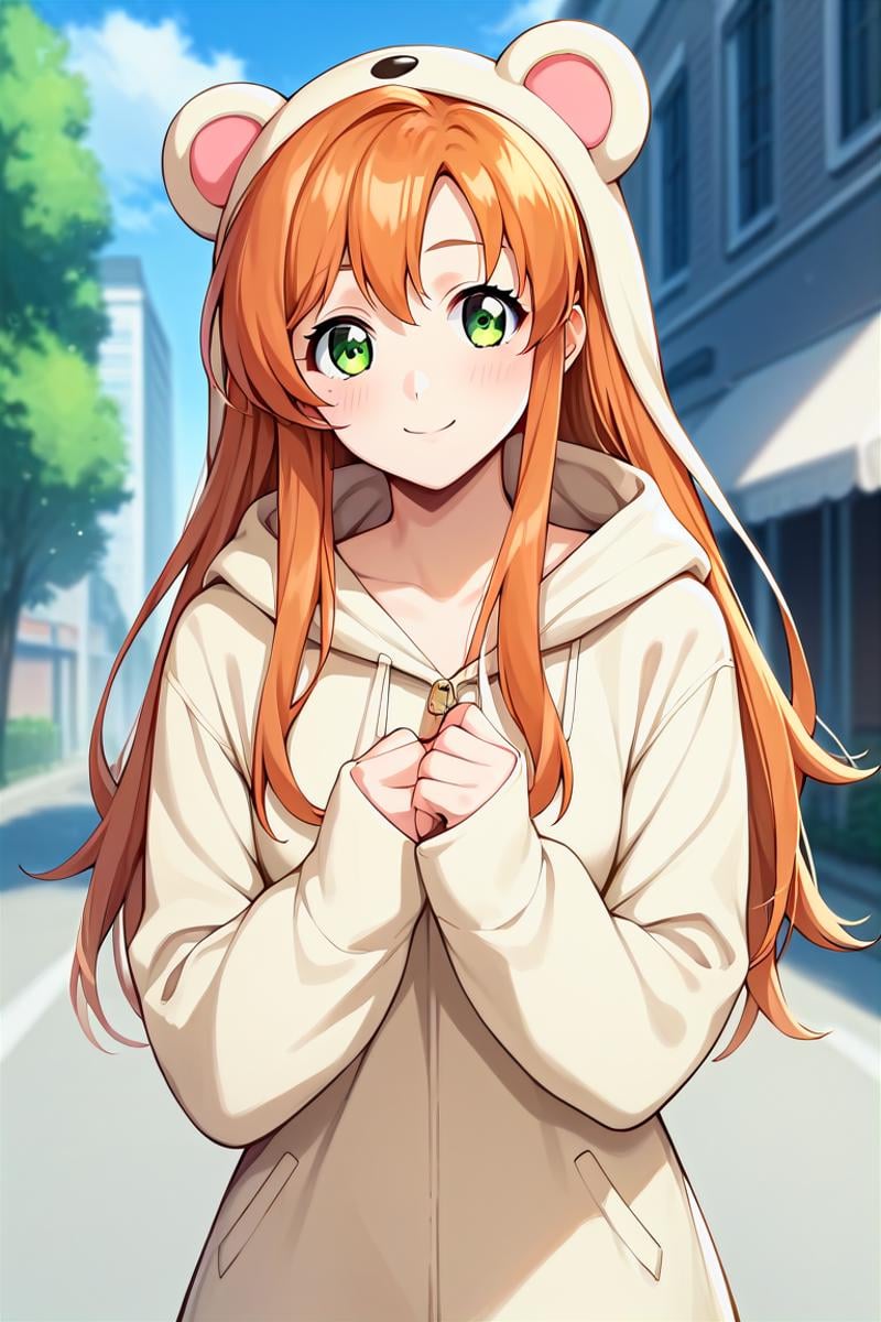 score_9, score_8_up, score_7_up, score_6_up, score_5_up, score_4_up, rating_questionable, , source_anime, digital illustration, pixiv, fanbox, uncensored, , BREAK, official art,1girl, solo, female, shirley fenette, orange hair, green eyes, long hair,animal costume, animal onesie, cute dress,, buildings, , outdoors, light smile, blush, cowboy shot, looking at viewer,  <lora:Shirley_fennete_Pony:0.8>