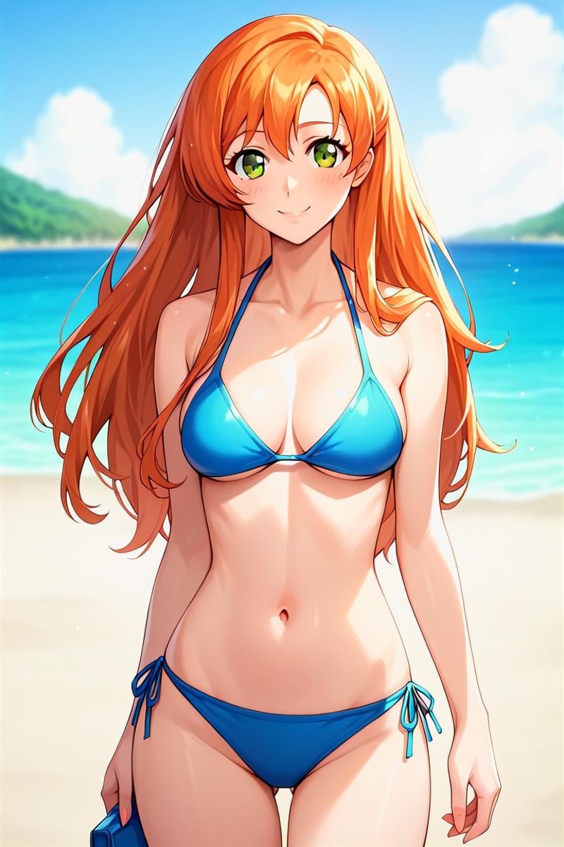 score_9, score_8_up, score_7_up, score_6_up, score_5_up, score_4_up, rating_questionable, , source_anime, digital illustration, pixiv, fanbox, uncensored, , BREAK, official art,1girl, solo, female, shirley fenette, orange hair, green eyes, long hair,bikini, beach,ocean,, , , outdoors, light smile, blush, cowboy shot, looking at viewer,  <lora:Shirley_fennete_Pony:0.8>