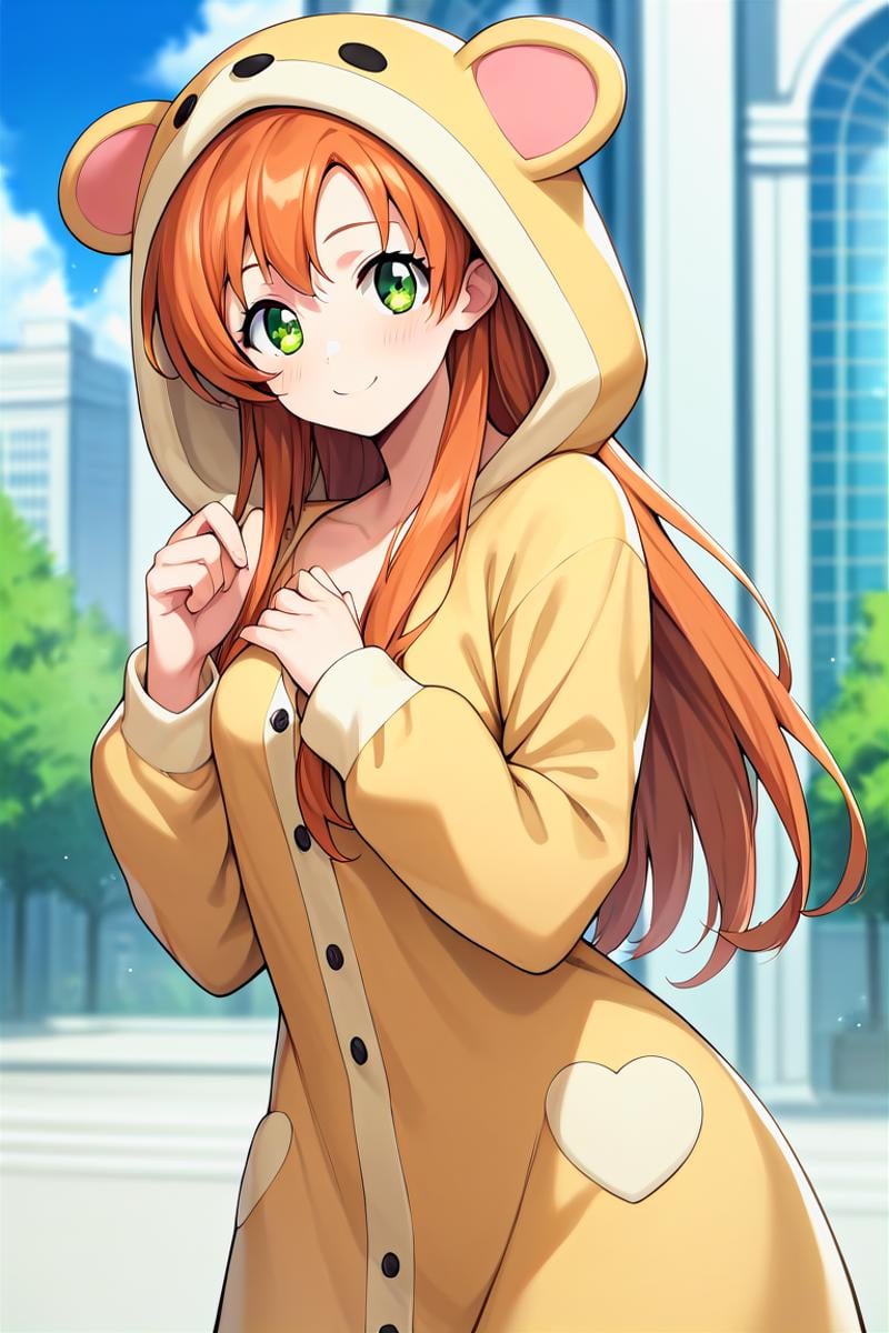 score_9, score_8_up, score_7_up, score_6_up, score_5_up, score_4_up, rating_questionable, , source_anime, digital illustration, pixiv, fanbox, uncensored, , BREAK, official art,1girl, solo, female, shirley fenette, orange hair, green eyes, long hair,animal costume, animal onesie, cute dress,, buildings, , outdoors, light smile, blush, cowboy shot, looking at viewer,  <lora:Shirley_fennete_Pony:0.8>