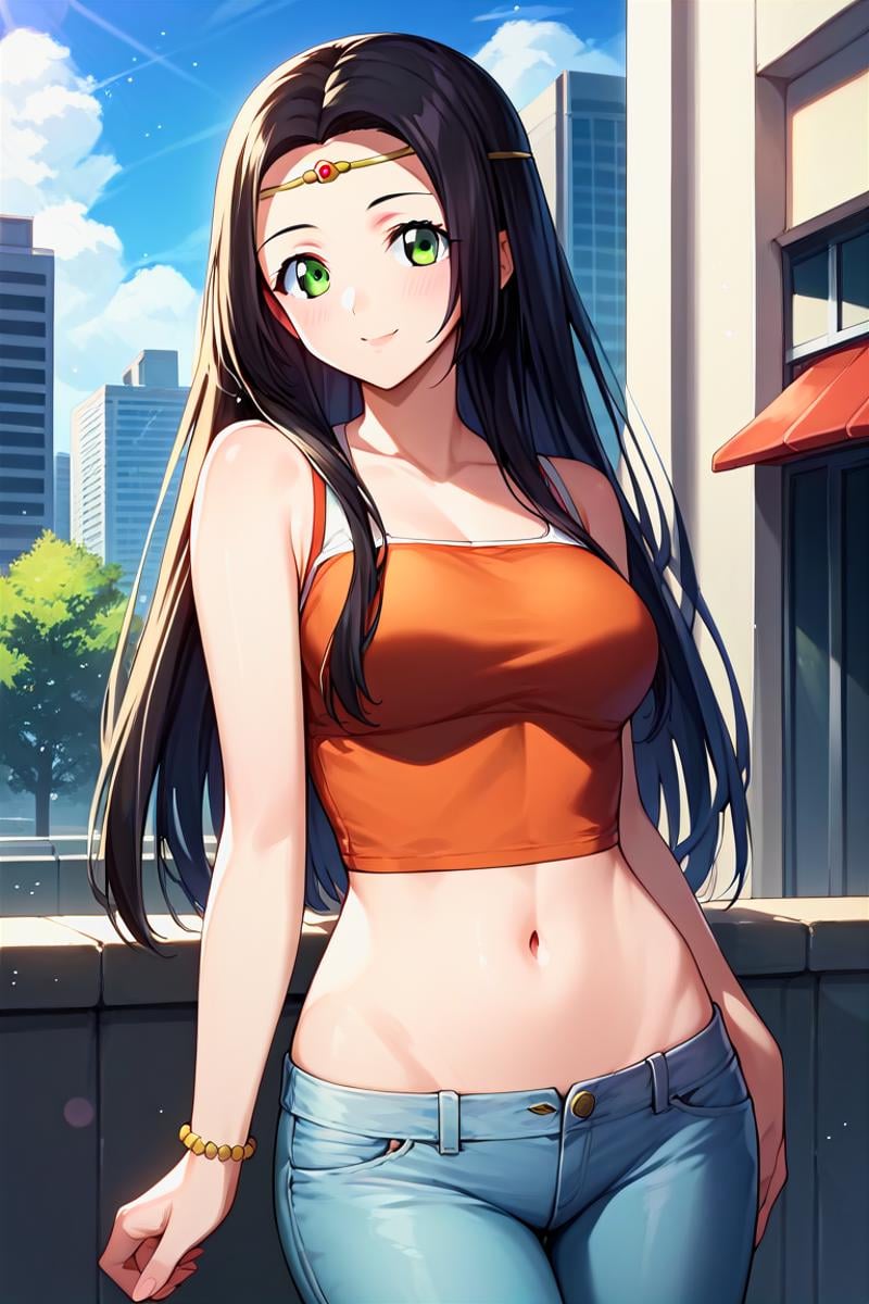 score_9, score_8_up, score_7_up, score_6_up, score_5_up, score_4_up, rating_questionable, , source_anime, digital illustration, pixiv, fanbox, uncensored, , BREAK, official art,1girl, solo, female, sumeragi kaguya, black hair, green eyes, long hair, circlet, crop top, jeans, navel, groin, city, buildings, outdoors,, , light smile, blush, cowboy shot, looking at viewer,   <lora:Sumeragi_Kaguya_Pony-000009:0.9>