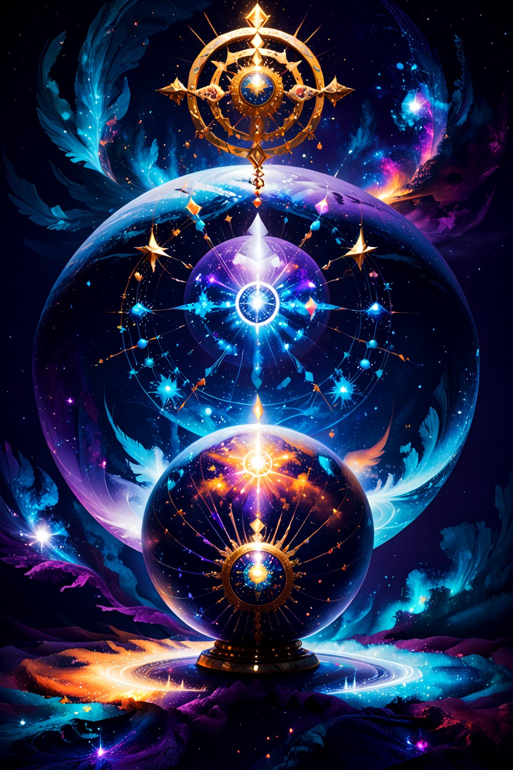 A majestic close-up shot of a kaleidoscope sphere, radiating warmth and energy from its colorful, swirling patterns. A halo of sparkling white stars encircles the orb, bursting forth in a burst of visual dynamism against the rich, regal purple backdrop.