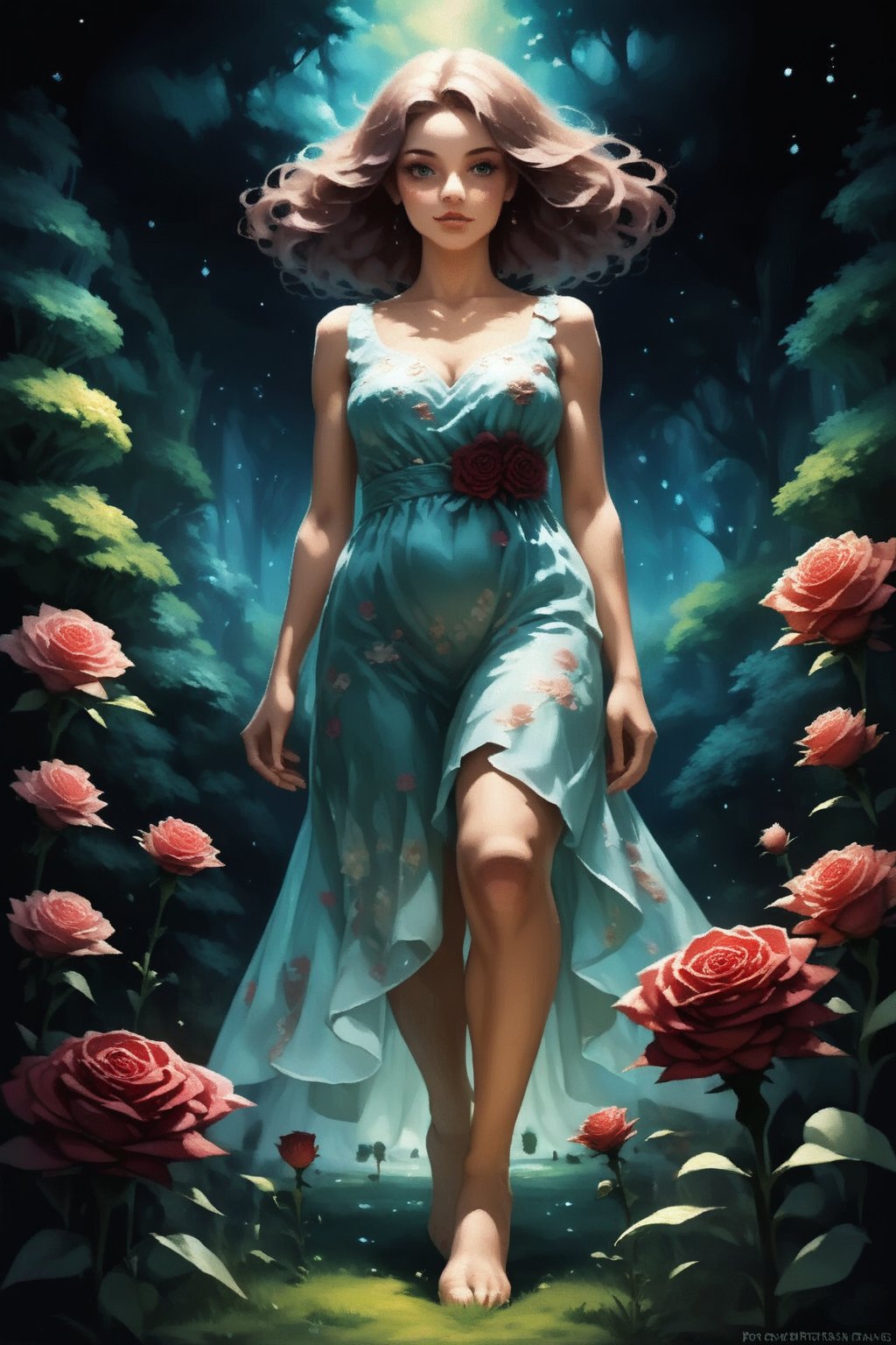 Oil painting, (girl holding a single rose), very delicate and soft lighting, details, Ultra HD, 8k, animated film, soft floral dress, walking through a meadow full of wide green grass,Beautiful girl 