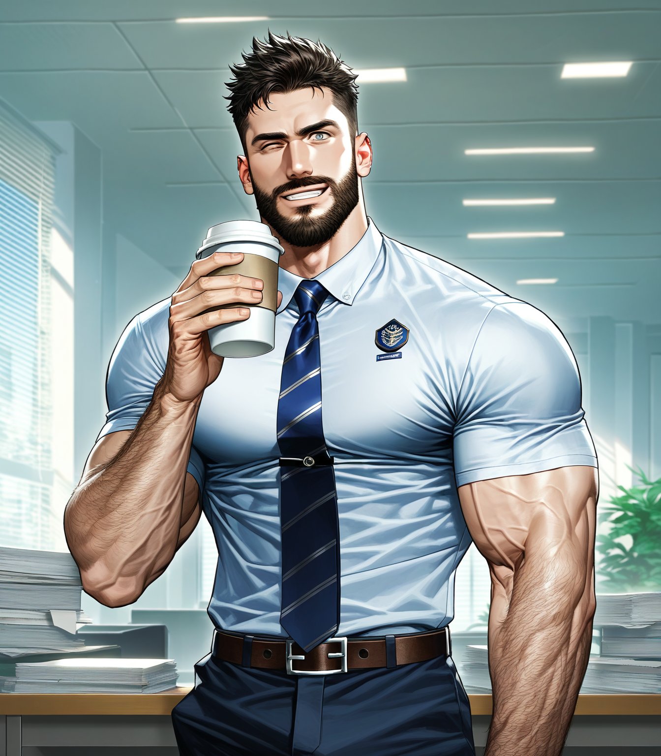 score_9, score_8, score_7, score_6_up, 1boy, male, solo, yoav even, tight shirt, short sleeves, necktie, standing, belt, pants, big biceps, muscular, beard, grey eyes, looking at you,  veiny arms, vascular arms, arm hair, warm smile, blake alexander, best details, 2023, sfw, office, desk, skyscrapers in the background, large windows, daylight, hands on desk, casual pose, tighs, holding coffee cup, winking