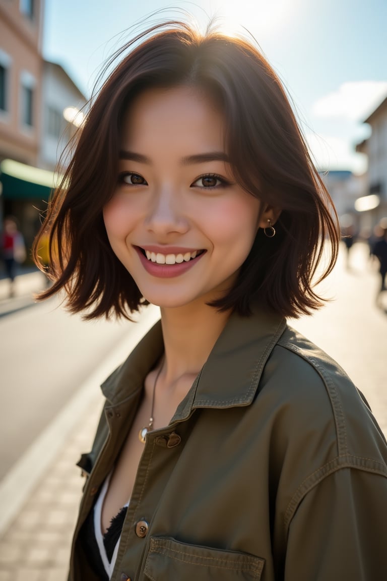 A beautiful Asian woman, 24 years old, charming smile, street style outfit, posing outdoors in a bright, cinematic 