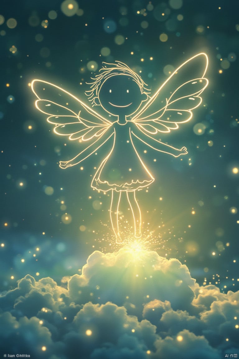 light line art,A whimsical illustration of a young girl with wings,floating on an ethereal cloud amidst sparkling lights.,Light lines