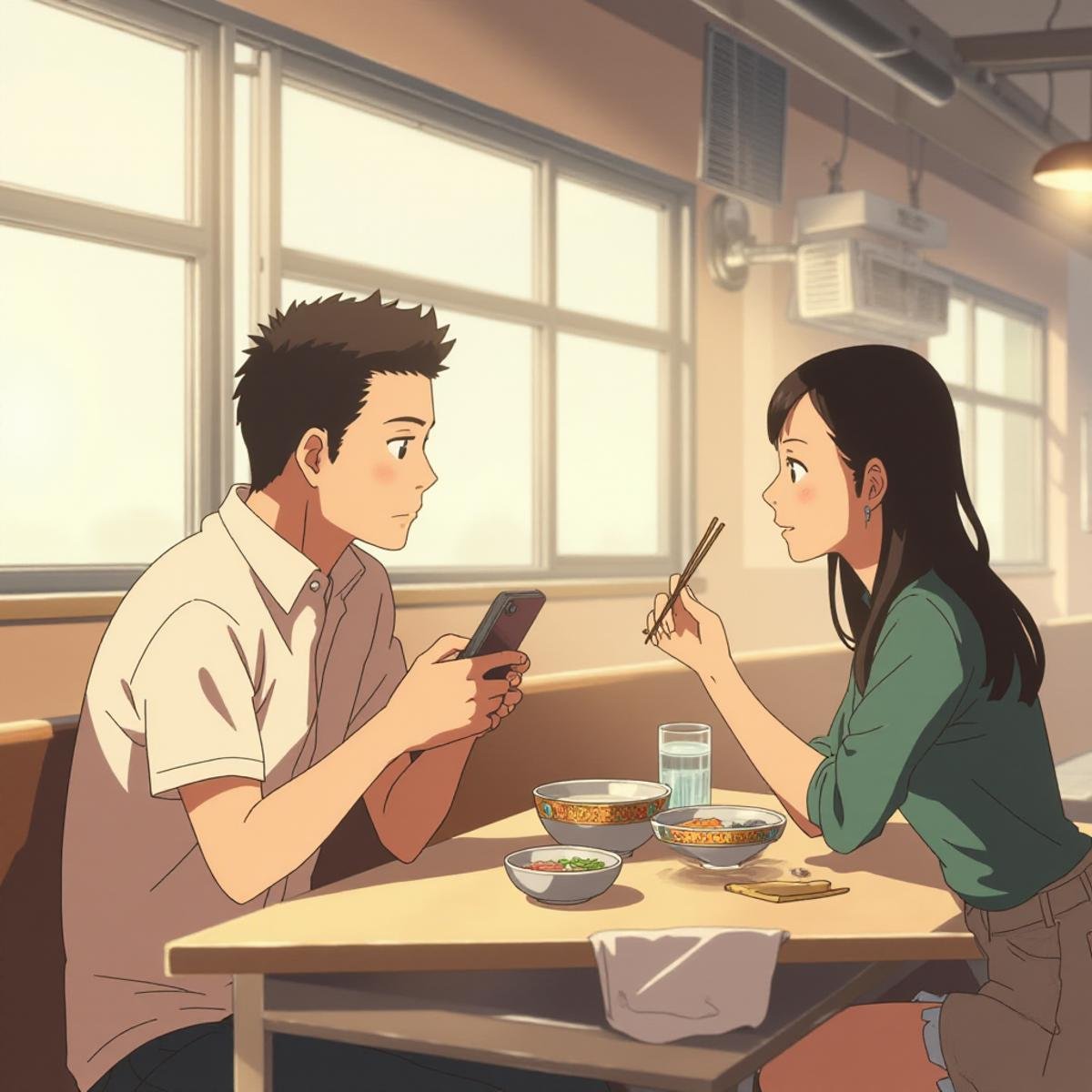 anime art in the sh1nk style, a man and woman sitting at a table in a restaurant. The man is holding a mobile phone in his hand and the woman is holding chopsticks in her hand. On the table in front of them are two bowls of food and a glass of water. In the background, there is a wall with windows and a fan attached to the ceiling, <lora:sh1nk:1>