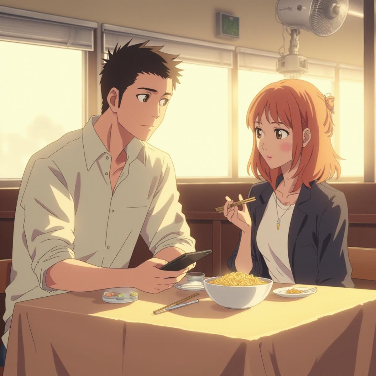 anime art in the sh1nk style, a man and woman sitting at a table in a restaurant. The man is holding a mobile phone in his hand and the woman is holding chopsticks in her hand. On the table in front of them are two bowls of food and a glass of water. In the background, there is a wall with windows and a fan attached to the ceiling, <lora:sh1nk:1>