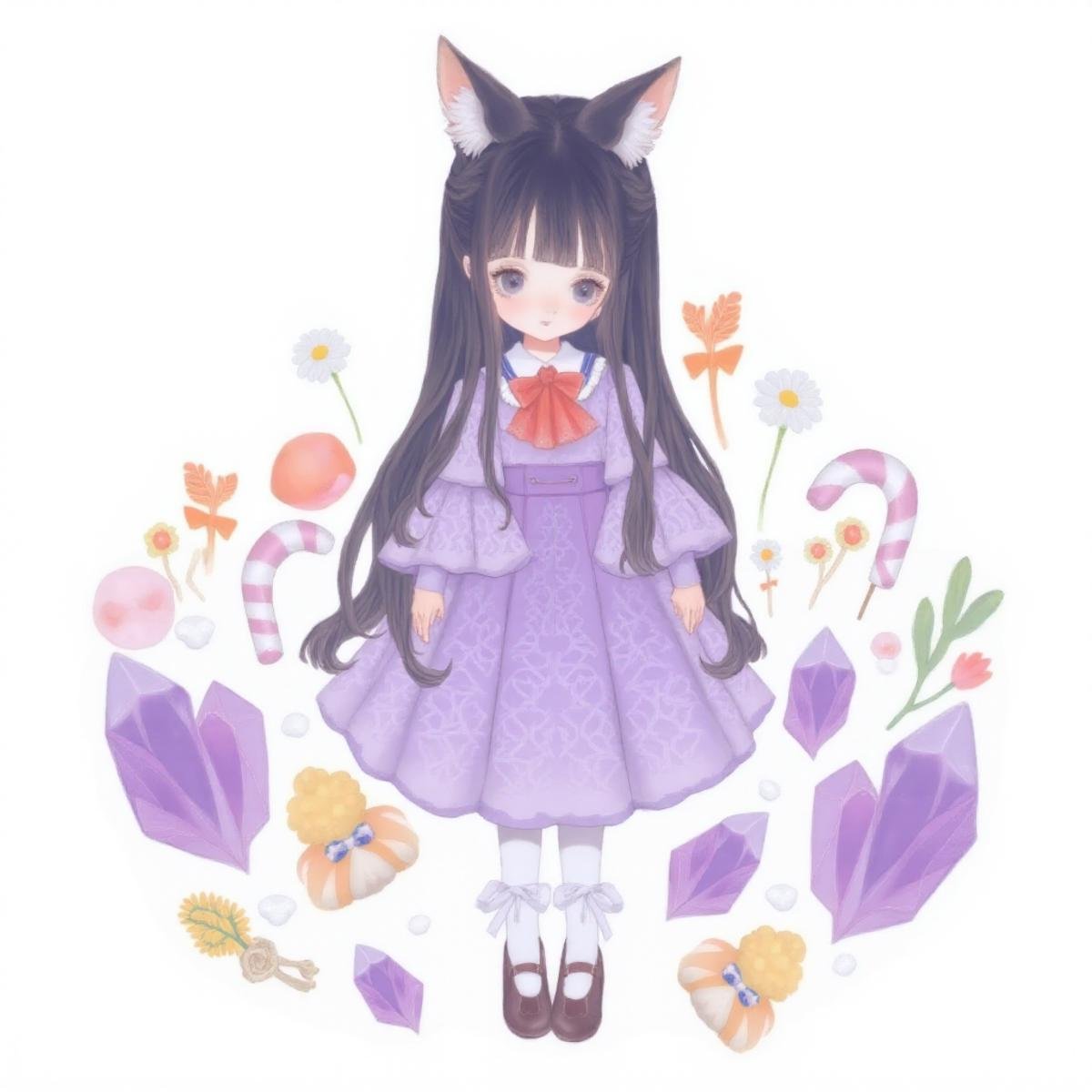 illustration in yogisya style, young girl with long dark hair and cat ears on her head. She is wearing a purple dress with a white collar and a red bowtie. The dress has a high neckline and long sleeves. The skirt of the dress is made of a light purple fabric with a geometric pattern. The girl is standing in front of a white background with various objects scattered around her. The objects around her include a candy cane, a lollipop, and a bunch of purple crystals. There are also some orange and yellow flowers and other decorative items. The overall style of the illustration is whimsical and dreamlike, <lora:yogisya:1>