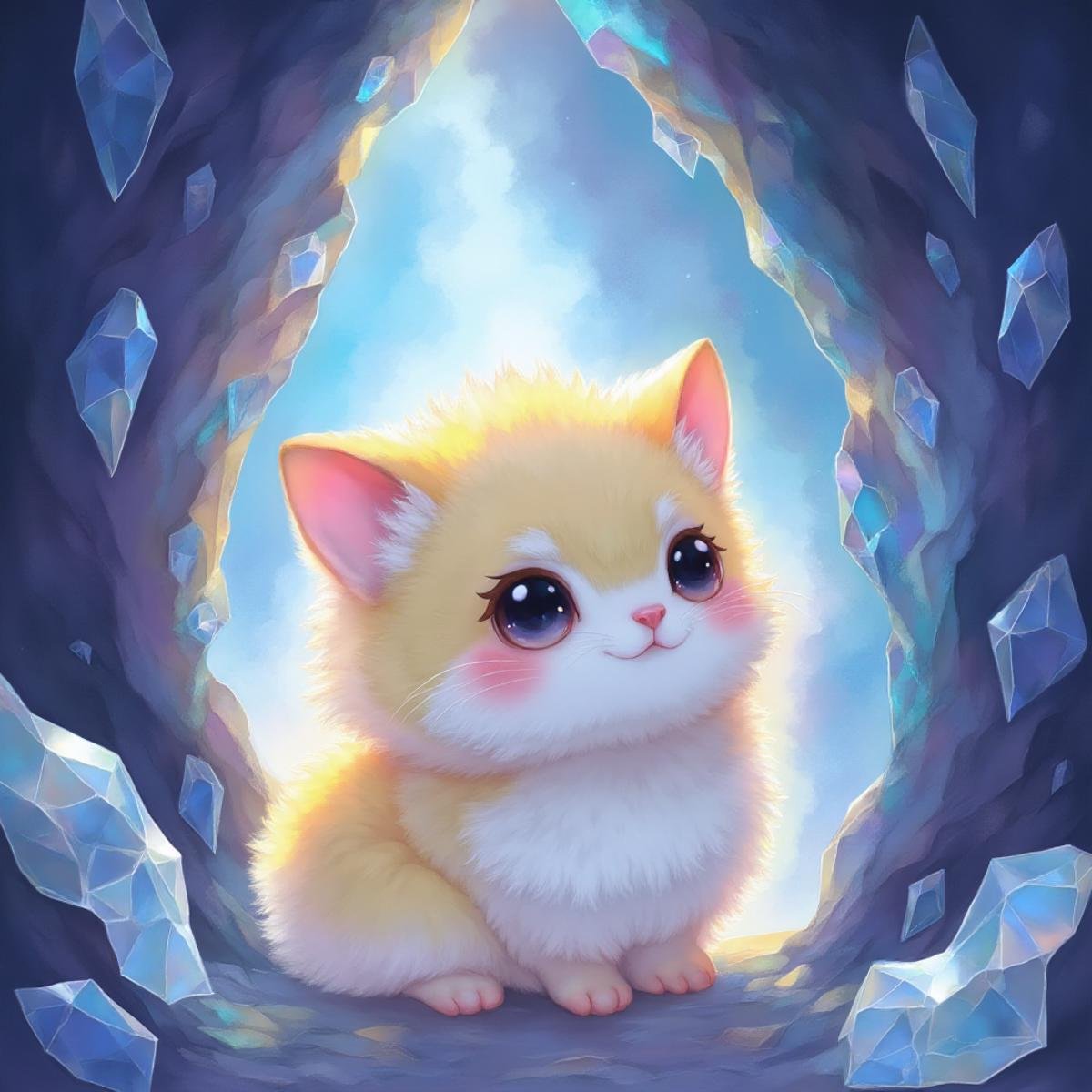 illustration in yogisya style, a small fat fluffy creature, whose fur is decorated with small polished crystals, which looks out curiously between two huge crystals, it holds on to the large crystals and leans forward slightly to take a close look at its surroundings, it is super cute and fluffy and looks at the viewer with big sparkling eyes, it's super cute how it looks up from the bottom, the scene takes place in a crystal cave, the walls are decorated with unpolished shiny crystals that reflect the light in the cave and everything on illuminate a harmonious and peaceful way, <lora:yogisya:1>