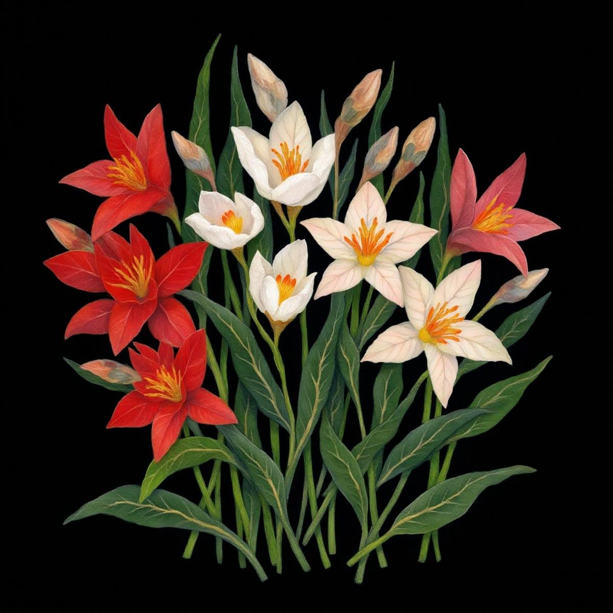 illustration in yogisya style, painting of a group of red and white flowers with green leaves. The flowers are arranged in a cluster, with the red flowers on the left side and the white flowers in the center. The leaves are long and slender, with a pointed tip. The background is dark, making the colors of the flowers stand out even more. The painting is done in a realistic style, with loose brushstrokes and vibrant colors. The overall mood of the image is peaceful and serene, <lora:yogisya:1>